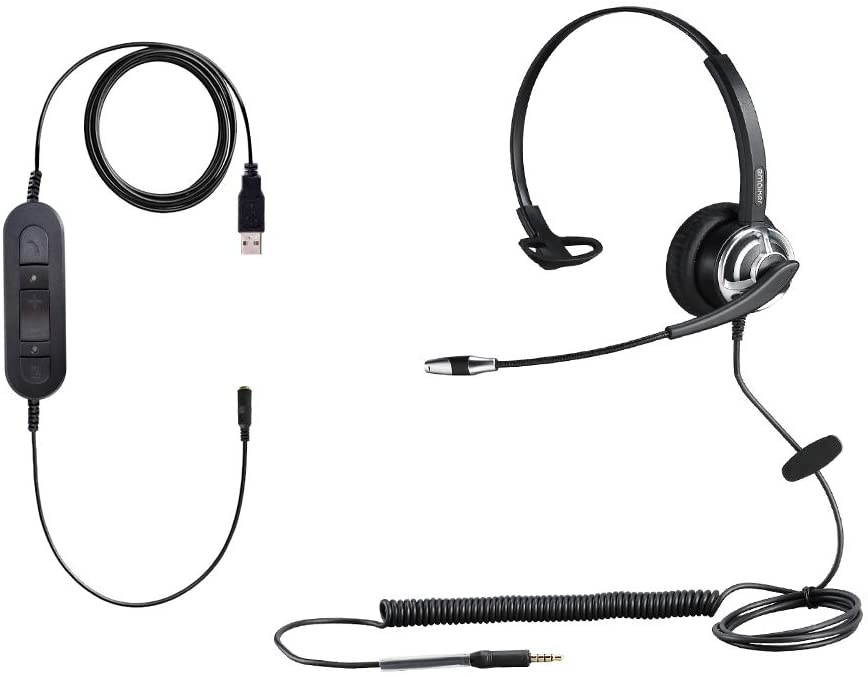 3.5 to USB Computer PC Headset with Noise Canceling Mic3.5mm Jack One Ear Cell Phone Headphone with Mic for iPhone Samsung Galaxy Huawei BlackBerry Mi and iPad Tablet Laptop Mac Skype Teams Dragon