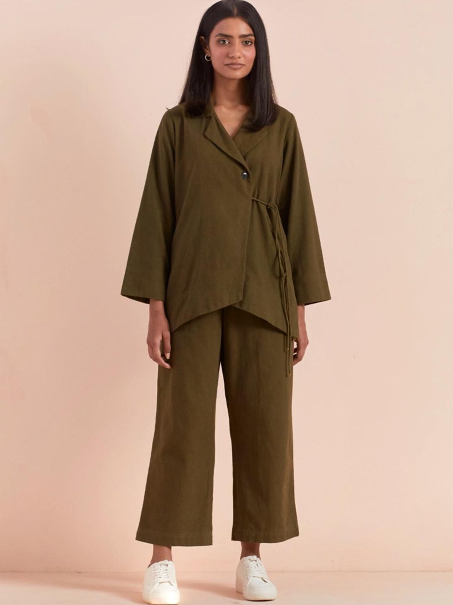 Priya Chaudhary Olive Yasha Twill Cotton Top With Pants - Set Of 2