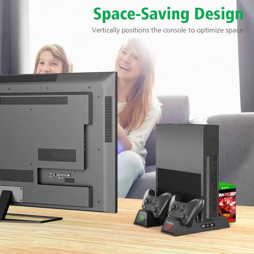 Vertical Cooling Stand Compatible with Xbox ONE X/ONE S/Regular ONE, Cooler Cooling Fan with 2PACK 600mAh Batteries,Games Storage, Dual Controller Charging Docking Station for Xbox ONE/S/X