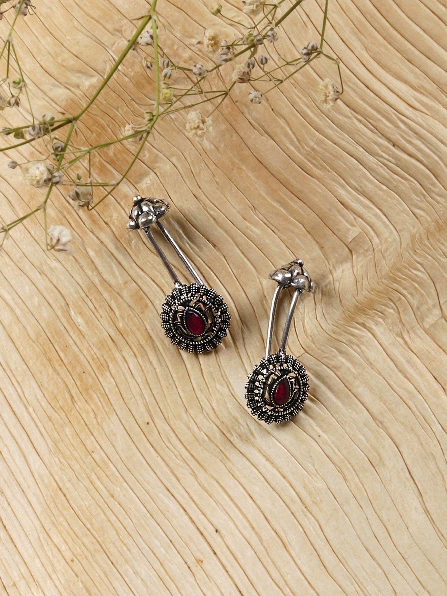 Teejh Ethnic Nitara Red Stone Silver Oxidized Ear Cuff Earrings