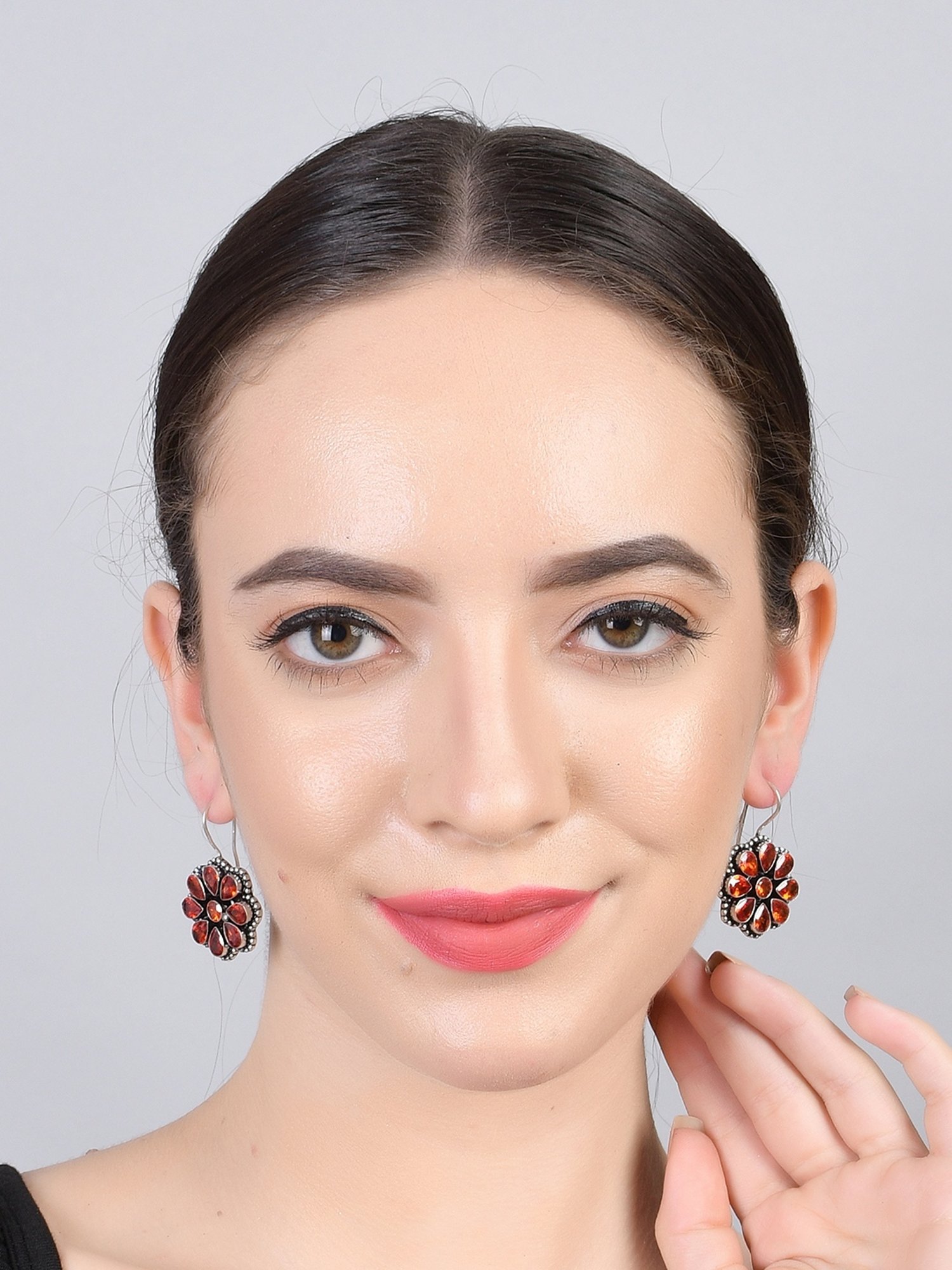 Imli Street Orange Silver Tone Stone-Studded Handcrafted Drop Earrings