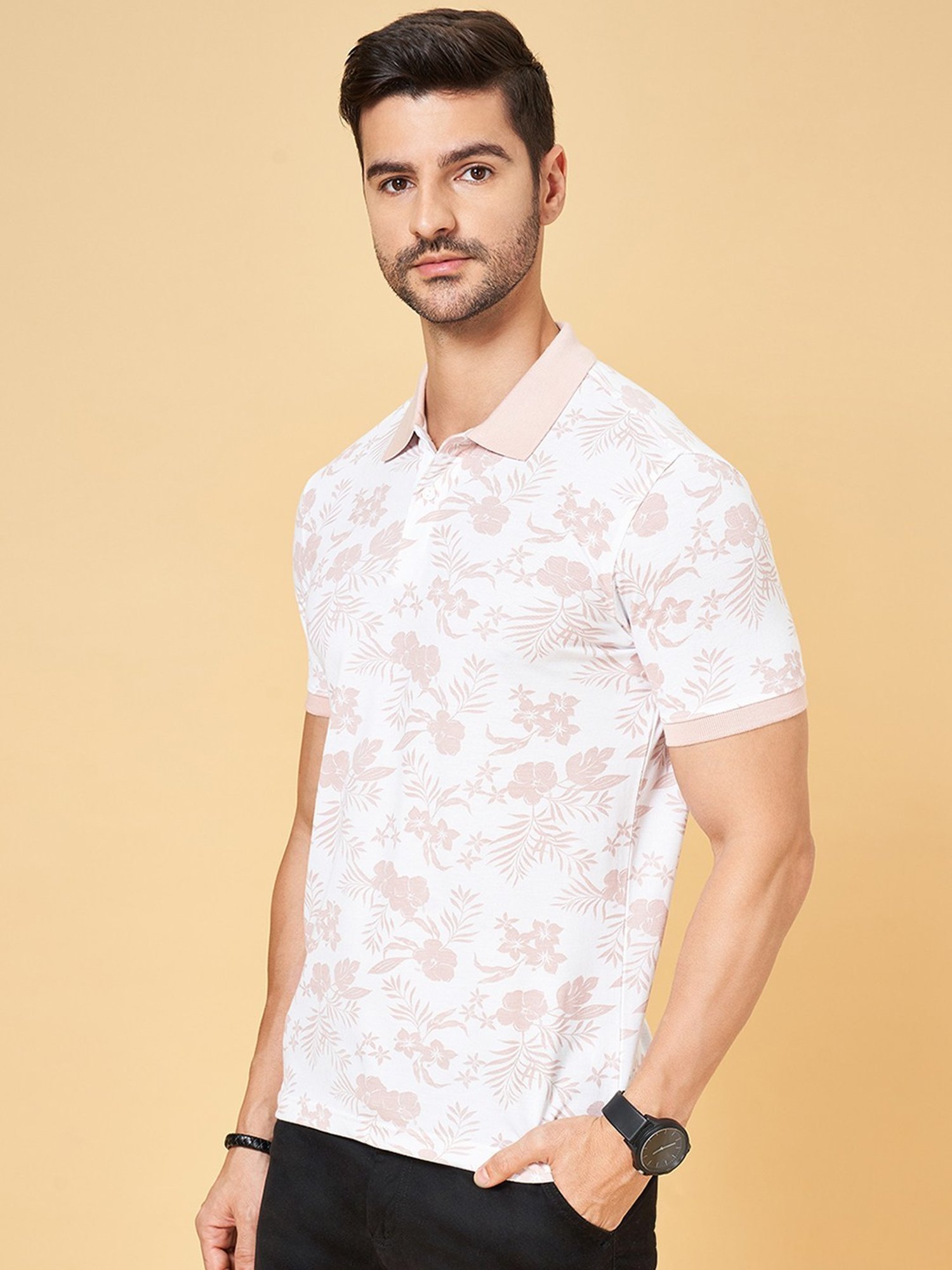 Byford by Pantaloons Pink Cotton Slim Fit Printed Polo T-Shirt