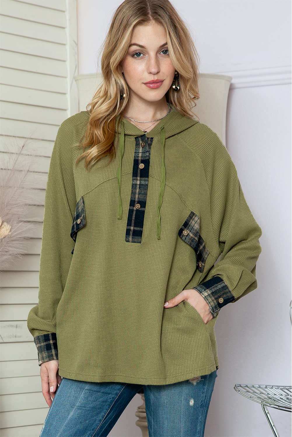 Green Waffle Knit and Flannel Henley Oversized Hoodie