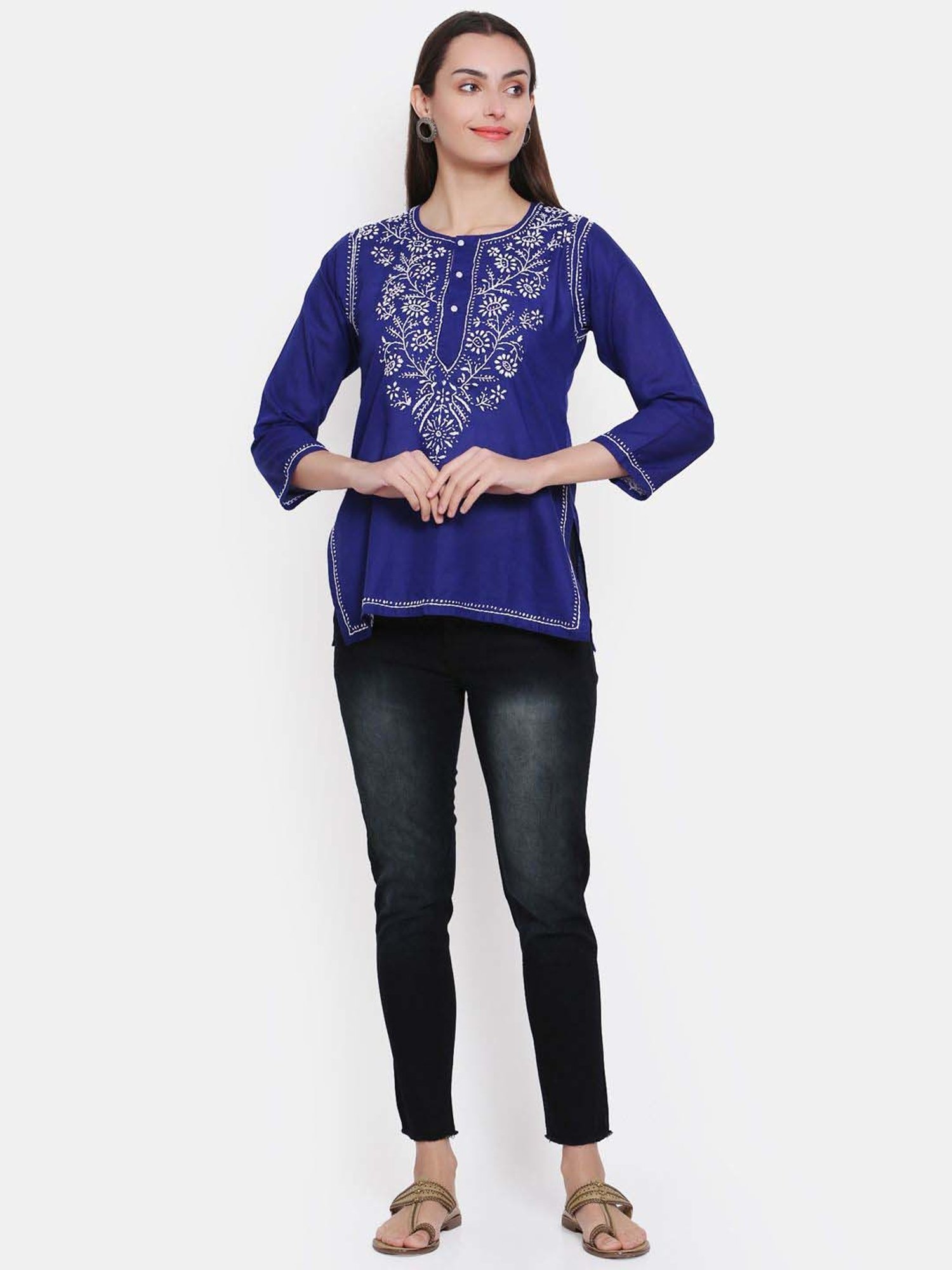 PARAMOUNT CHIKAN Midnight Blue Cotton Chikankari Straight Kurti