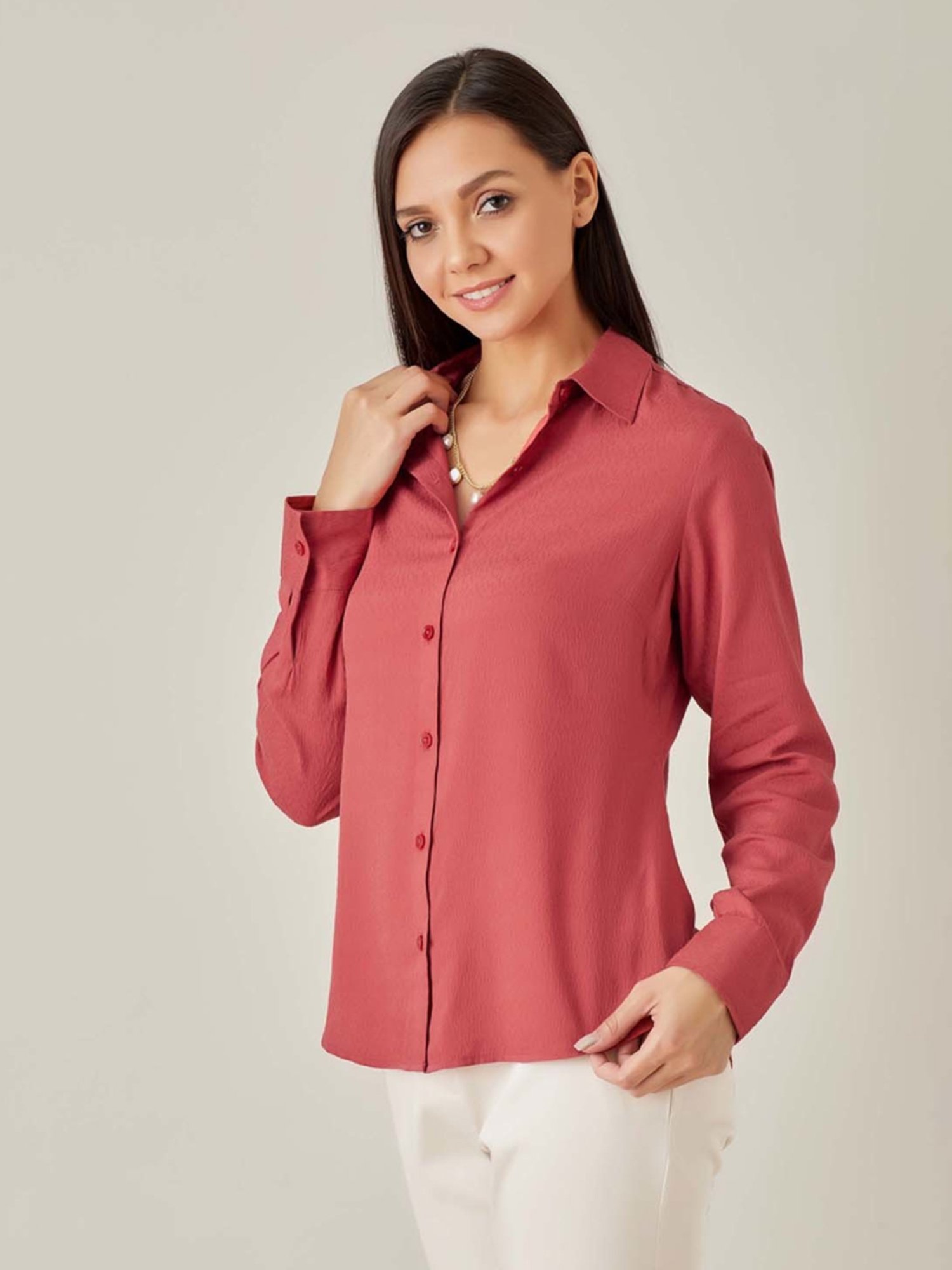 Qua Brick Red Textured Dobby Shirt