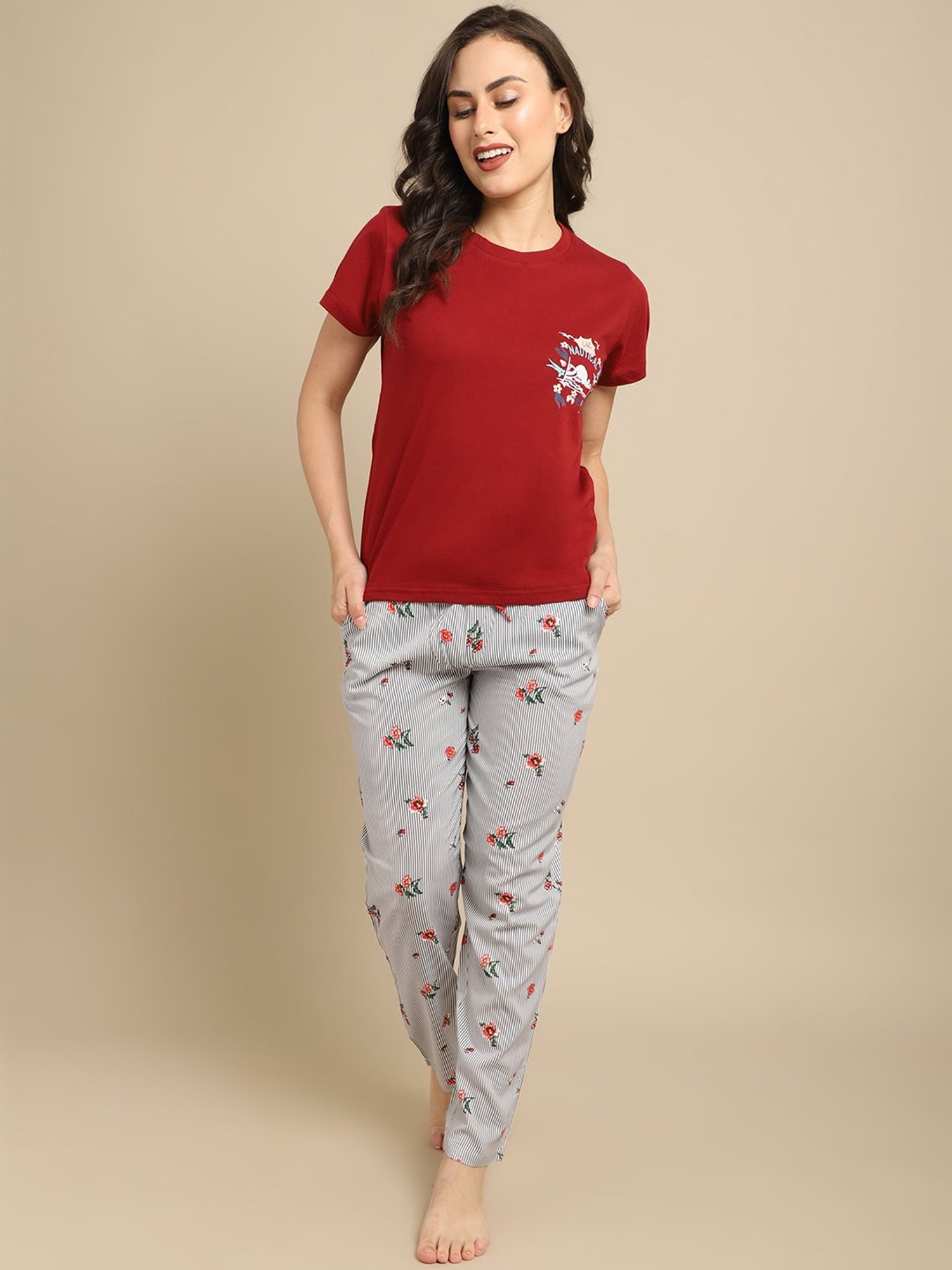 Boston Club Maroon & Grey Printed T-Shirt With Pyjamas