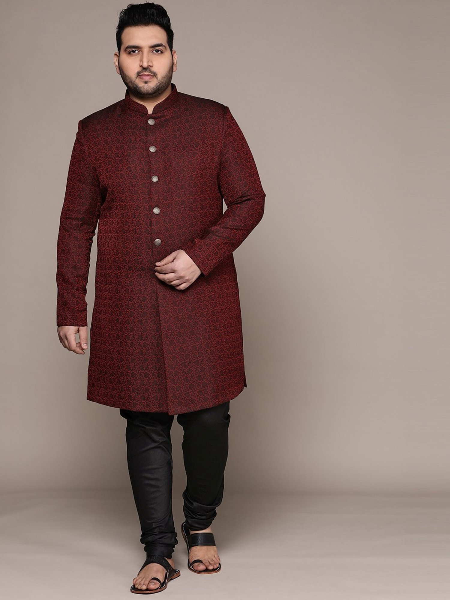 KISAH PLUS Maroon Regular Fit Jacquard Sherwani Set