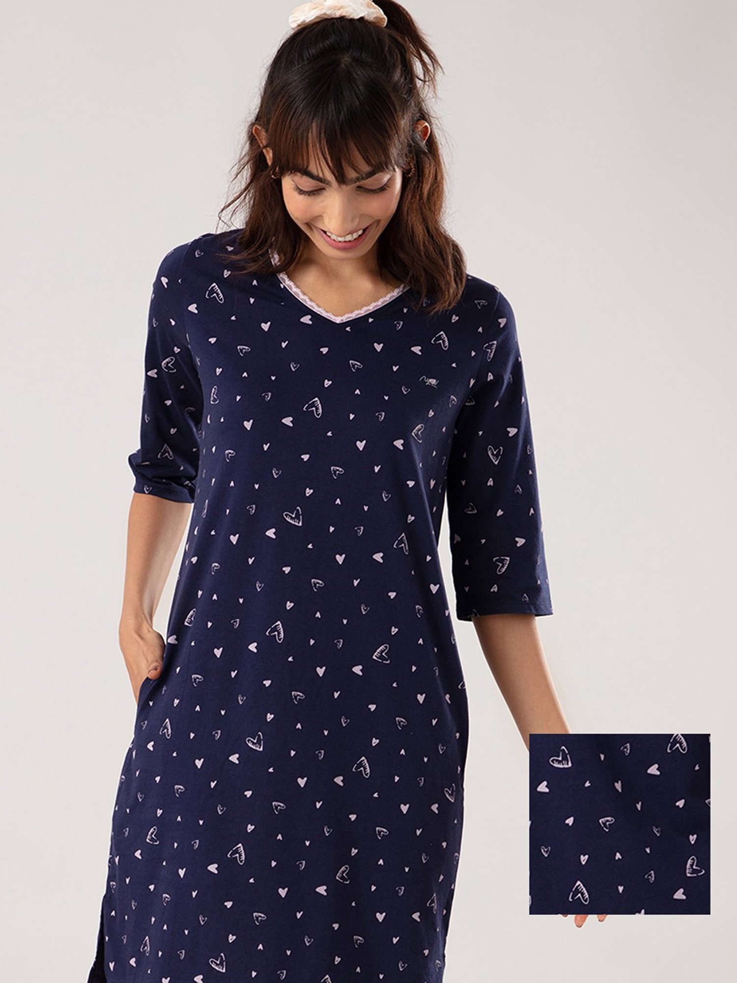 Nykd Printed Paradise Comfy Cotton Sleep Dress - Navy Print