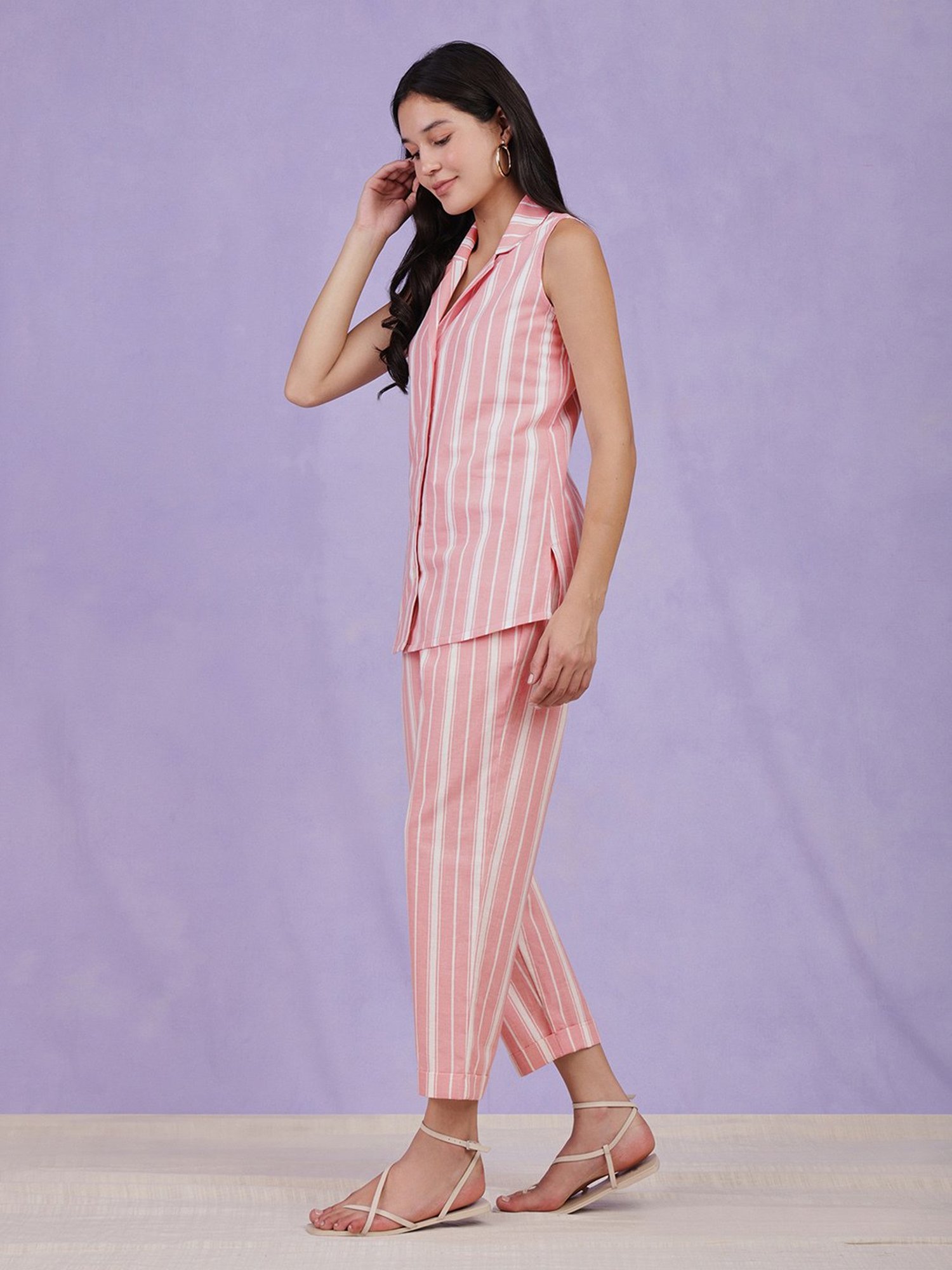 Pink Fort Pink Cotton Striped Co-Ord Set