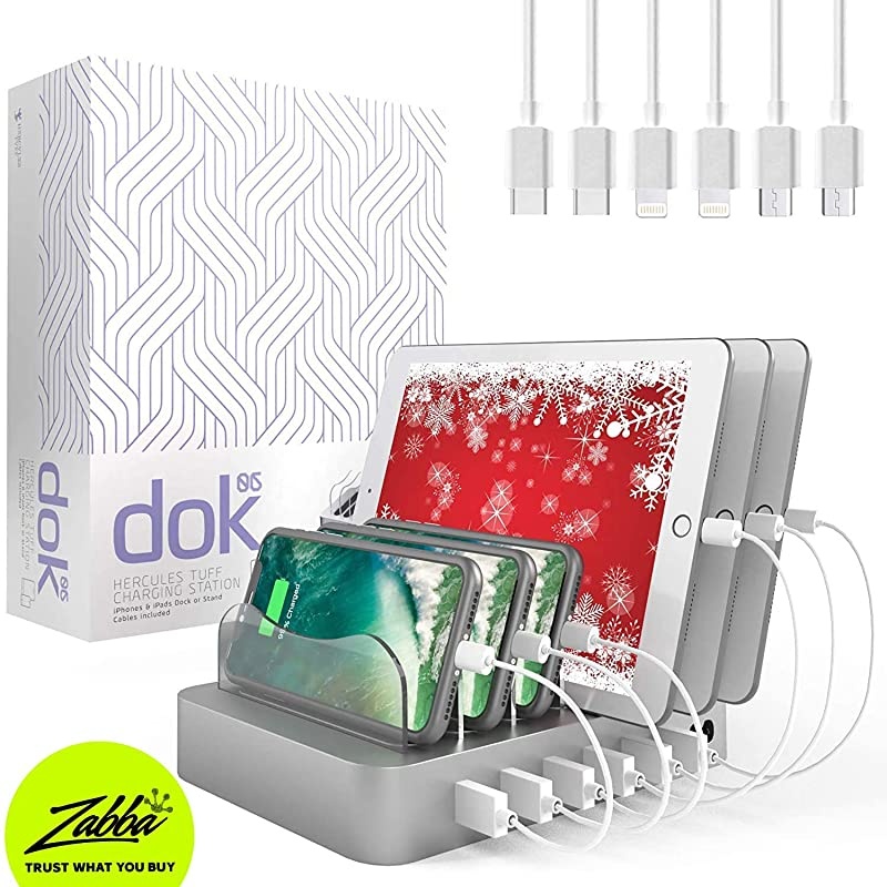 Charging Station for Multiple Devices Silver 6 Short Mixed Cables Included for Cell Phones Smart Phones Tablets and Other Electronics Multi Charger Organizer Docking Station