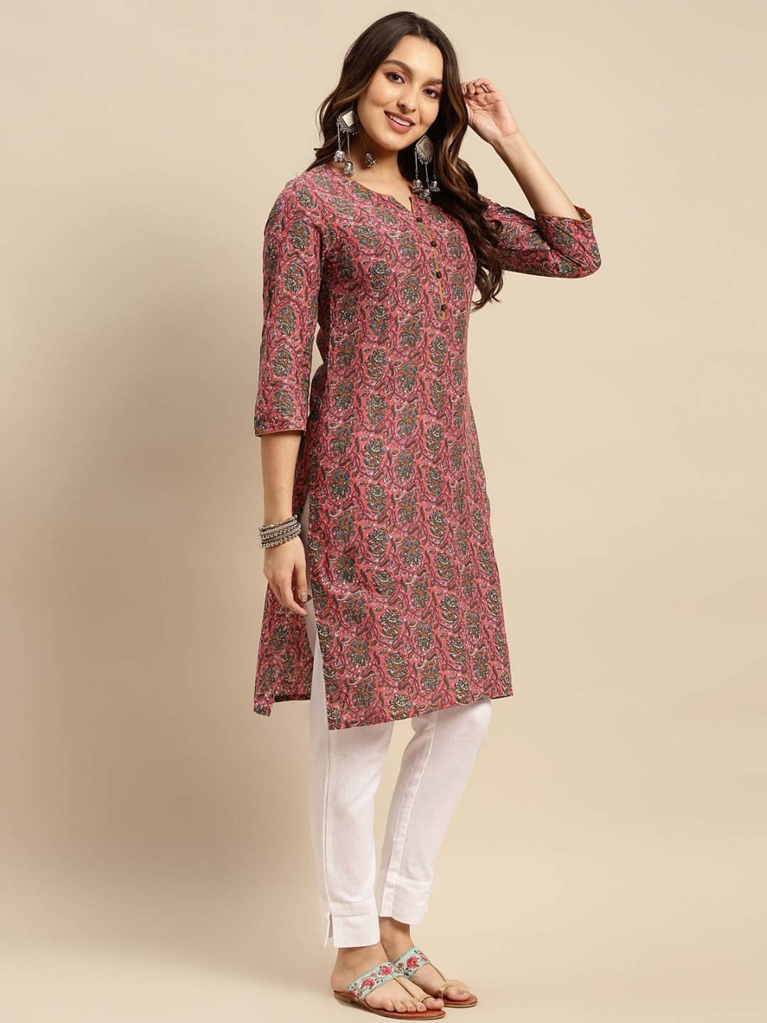 Rangita Pink & Brown Cotton Printed Straight Kurta - Pack Of 2