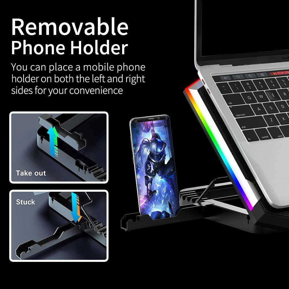RGB Laptop Cooling Pad 15.6-17.3 Inch, Gaming Laptop Cooler Stand with 6 Quiet Cooling Fans and 6 Height Adjustable, LCD Screen and RGB Lights, Two USB Ports, One Phone Stand