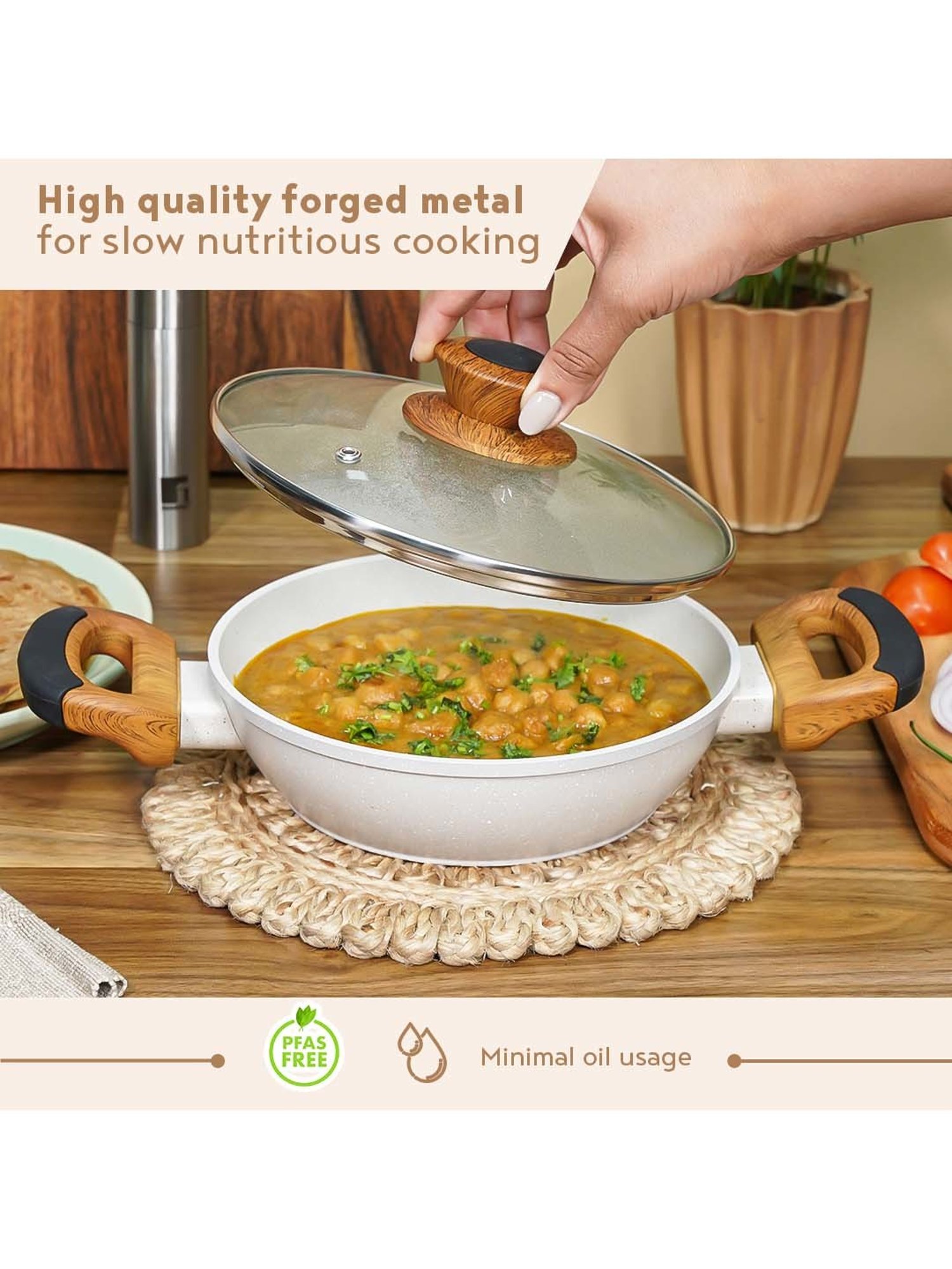 Bergner Naturally Forged White Aluminium Non Stick 24 cm Kadai With Glass Lid (2 L)