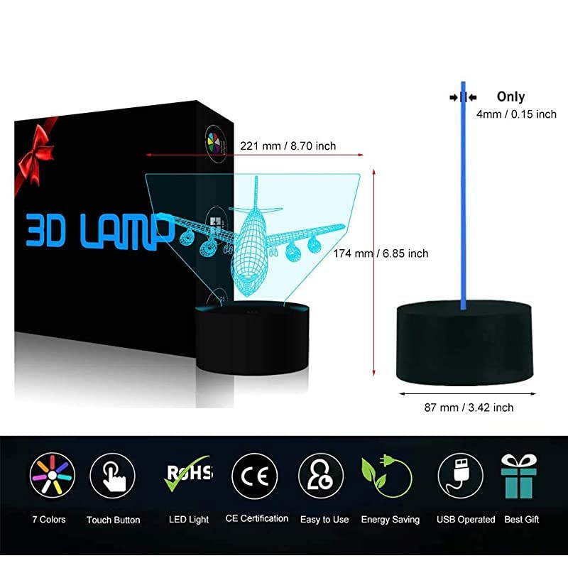 World Airplane Night Light 3D Illusion Lamp 7 Color Changing Touch Control with USB Cable LED Table Desk Decor Lamps Christmas Birthday Gifts for Kids Boys Pilot Plane Lover