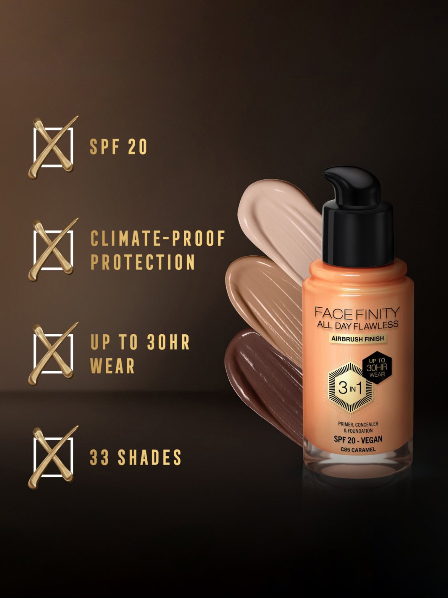 Max Factor Facefinity All Day Flawless 3 In 1 Foundation SPF 20 C85 Caramel - 30 ml