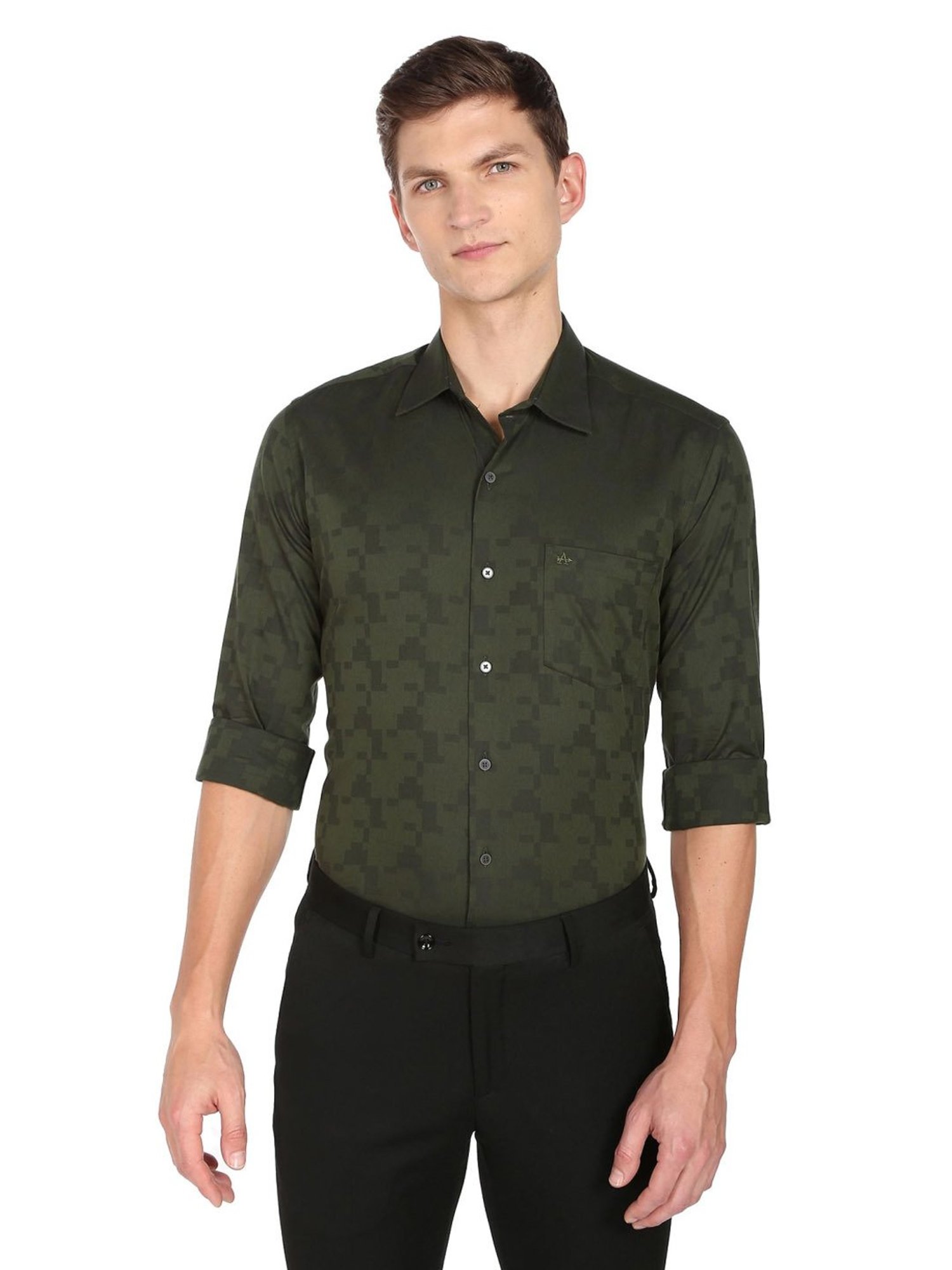 Arrow New York Medium Green Cotton Slim Fit Texture Shirt
