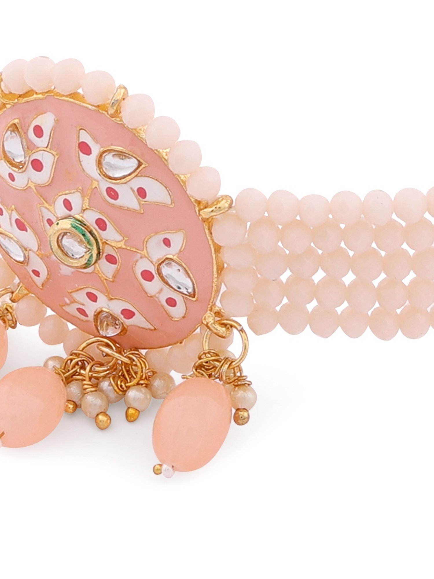 Zaveri Pearls Peach Meenakari Multistrand Beaded Choker Necklace Earring & Maangtikka Set-ZPFK13782