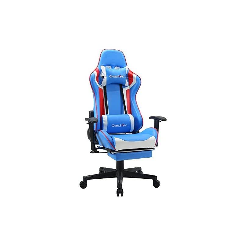 Back PU Leather Swivel Gaming Chair with Adjustable Lumbar Support Headrest Footrest Video Game Chair Racing Office Chair (Bule)