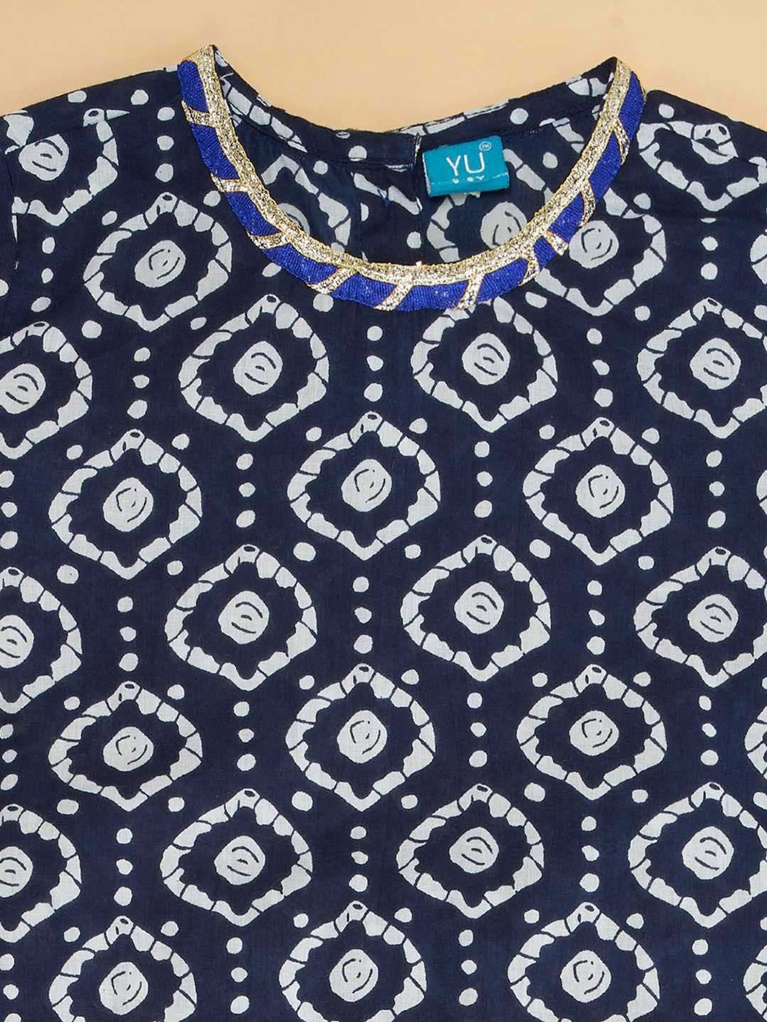 YU by Pantaloons Kids Navy & White Cotton Printed Kurta Set