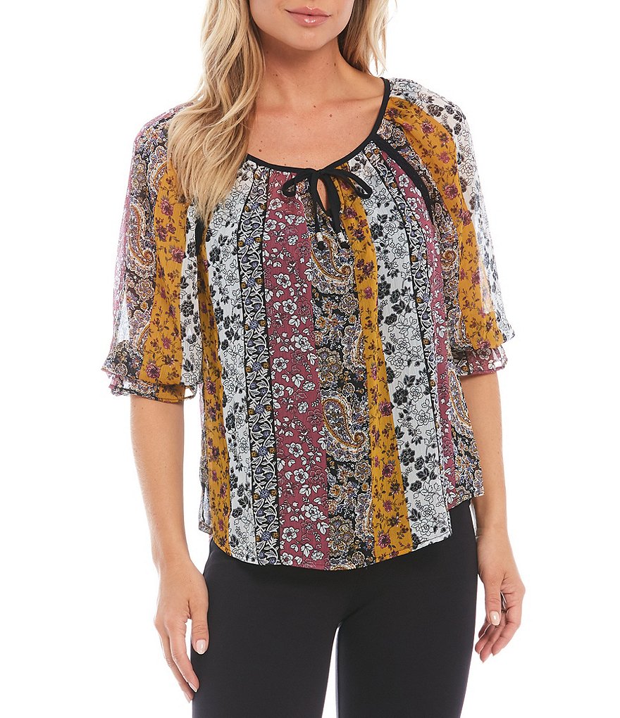 I.N. Studio Paisley Floral Print Yoryu Round Neck Elbow Sleeve Woven Top