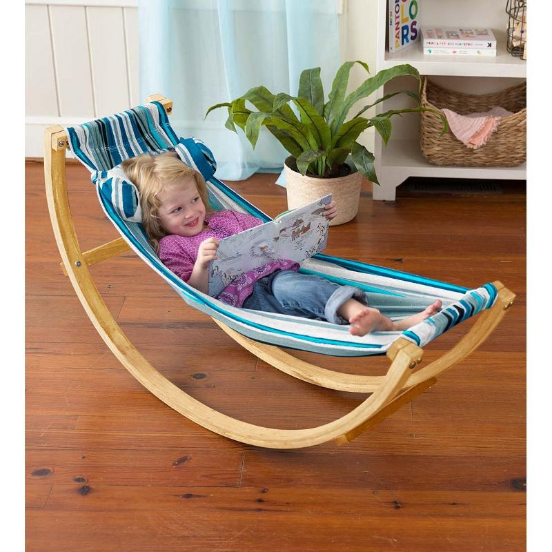 HearthSong - Kids Indoor Lightweight Wood and Blue Cotton Polyester Rocking Floor Hammock with Pillow, 50"L x 14"W