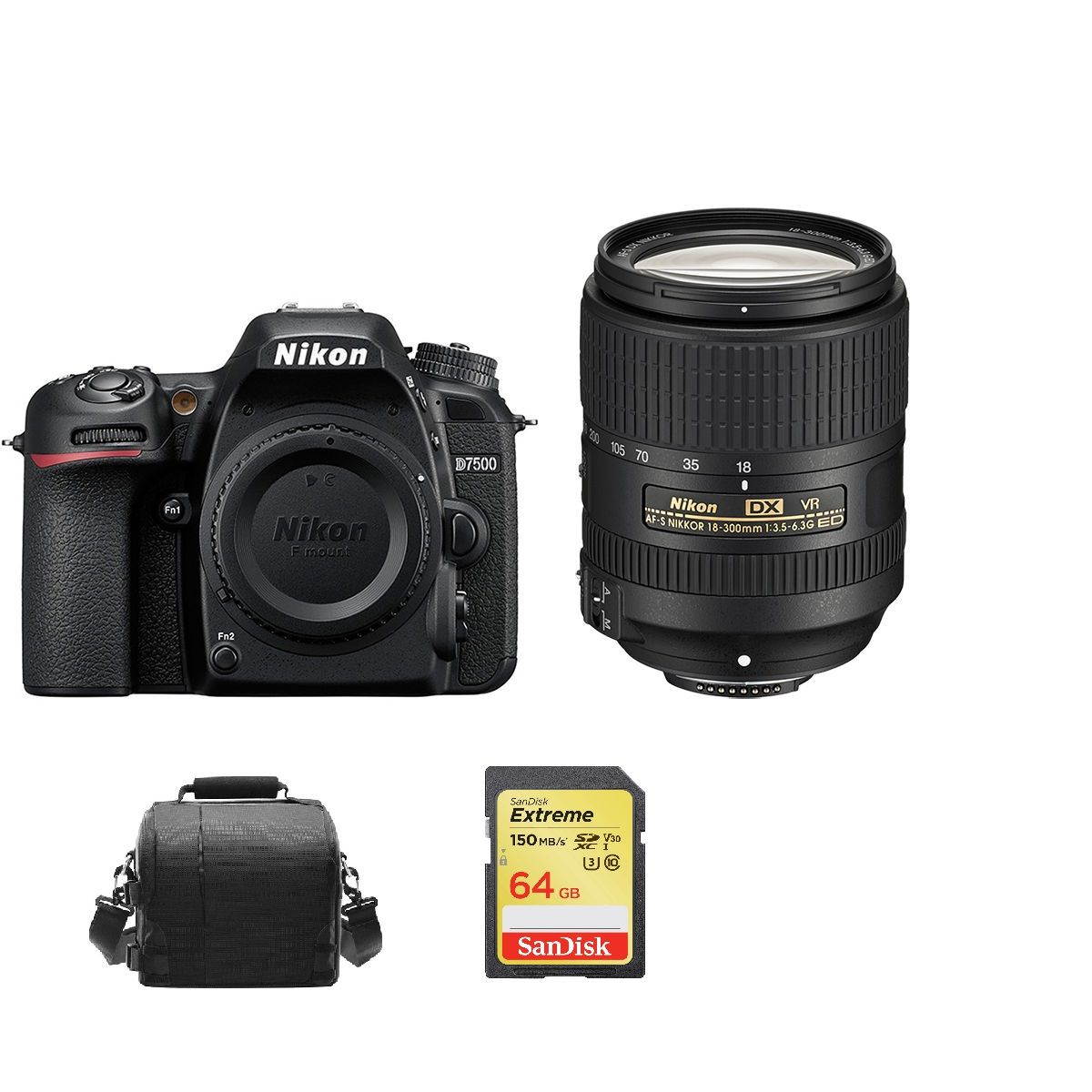 NIKON D7500 + AF-S 18-300MM F3.5-6.3G ED VR DX + 64GB SD card + camera Bag
