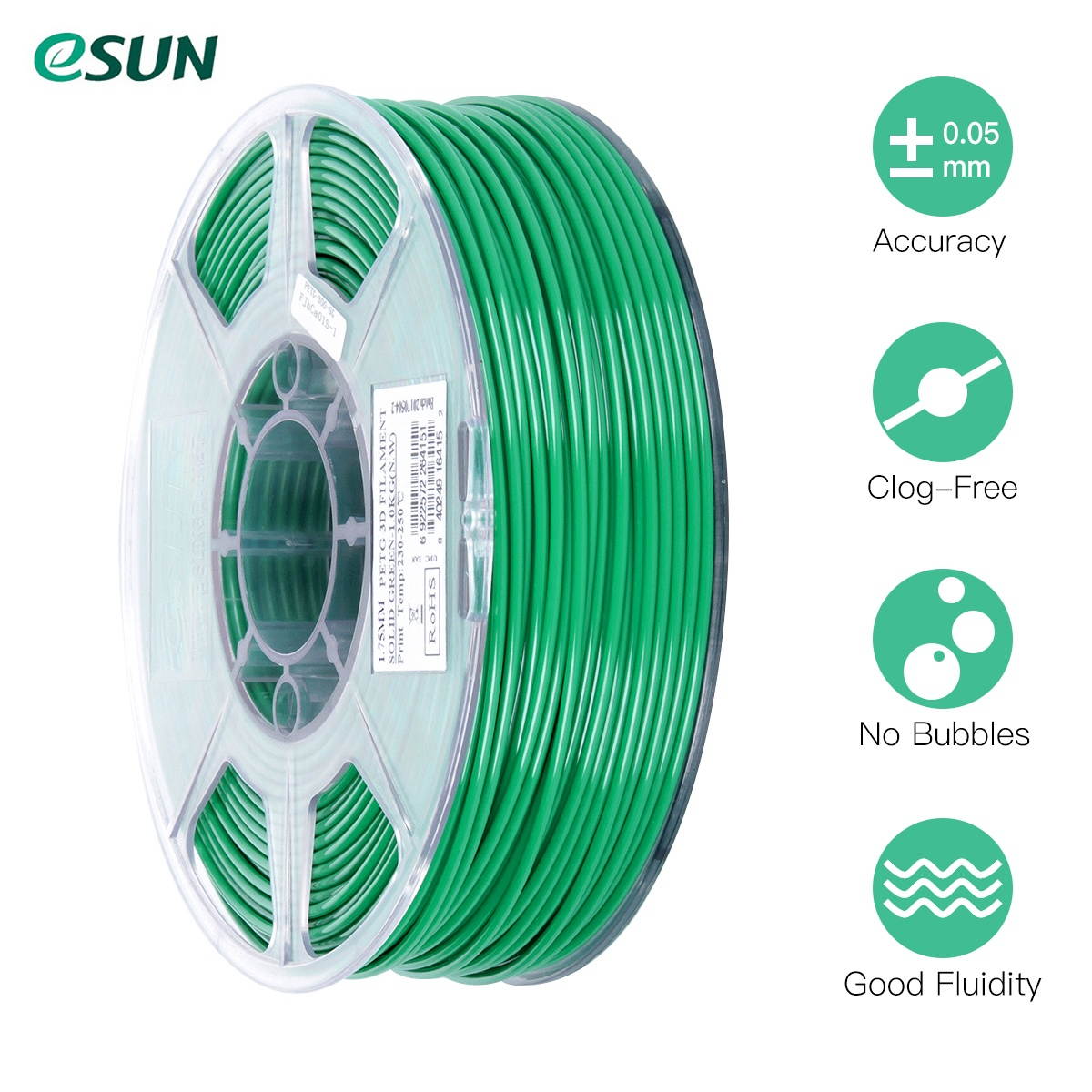 eSUN PETG 1.75mm 3D Printer Filament Printing Consumables Dimensional Accuracy: +/- 0.05mm 1kg(2.2lb) Spool Material Refills Solid Green