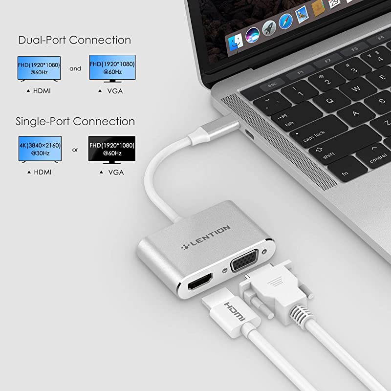 USBC to 4K HDMI VGA Dual Display Digital AV Adapter Compatible 2018 2019 MacBook Air iPad Pro MacBook Pro Thunderbolt 3 XPS 1315 Surface Book 2Go Chromebook More Silver