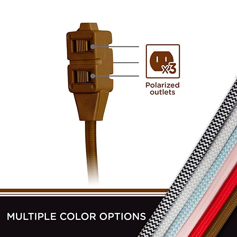 Designer 3-Outlet Extension Cord, 8 Ft Braided Cable, 2-Prong Power Strip, Slide-to-Lock Safety, Low-Profile Flat Plug, Polarized, ETL Listed, 39982-T1, 8 ft, Solid Brown, 8 ft
