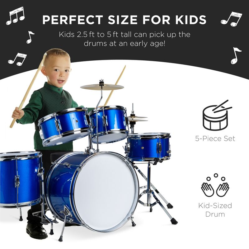 Best Choice Products 5-Piece Kids Beginner Junior Size Drum Set, Percussion Instrument Starter Kit w/ Stool - Blue