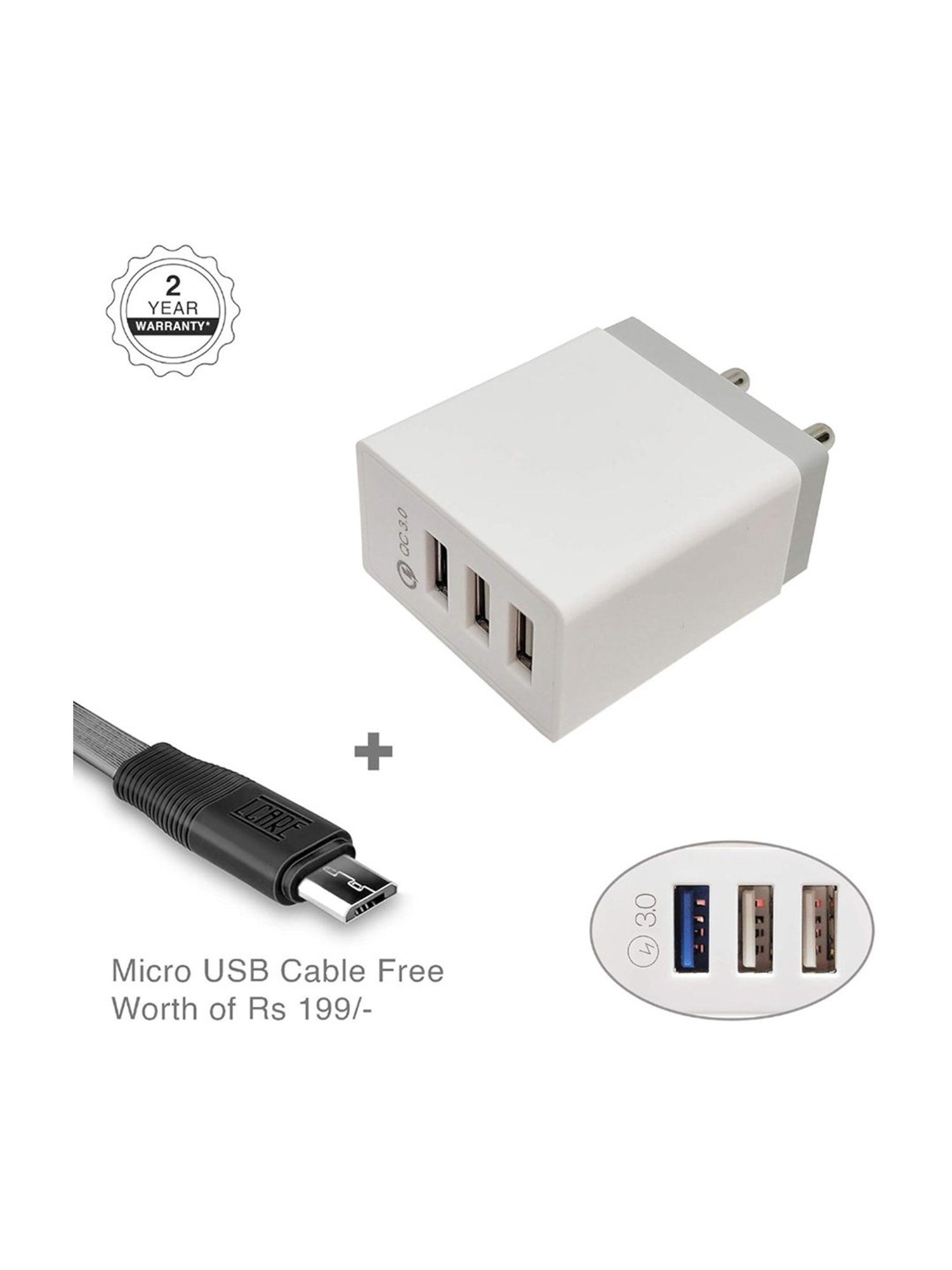 LCARE QC 3.0 USB 03 Port Charger and Type C Cable 1.2 Meter