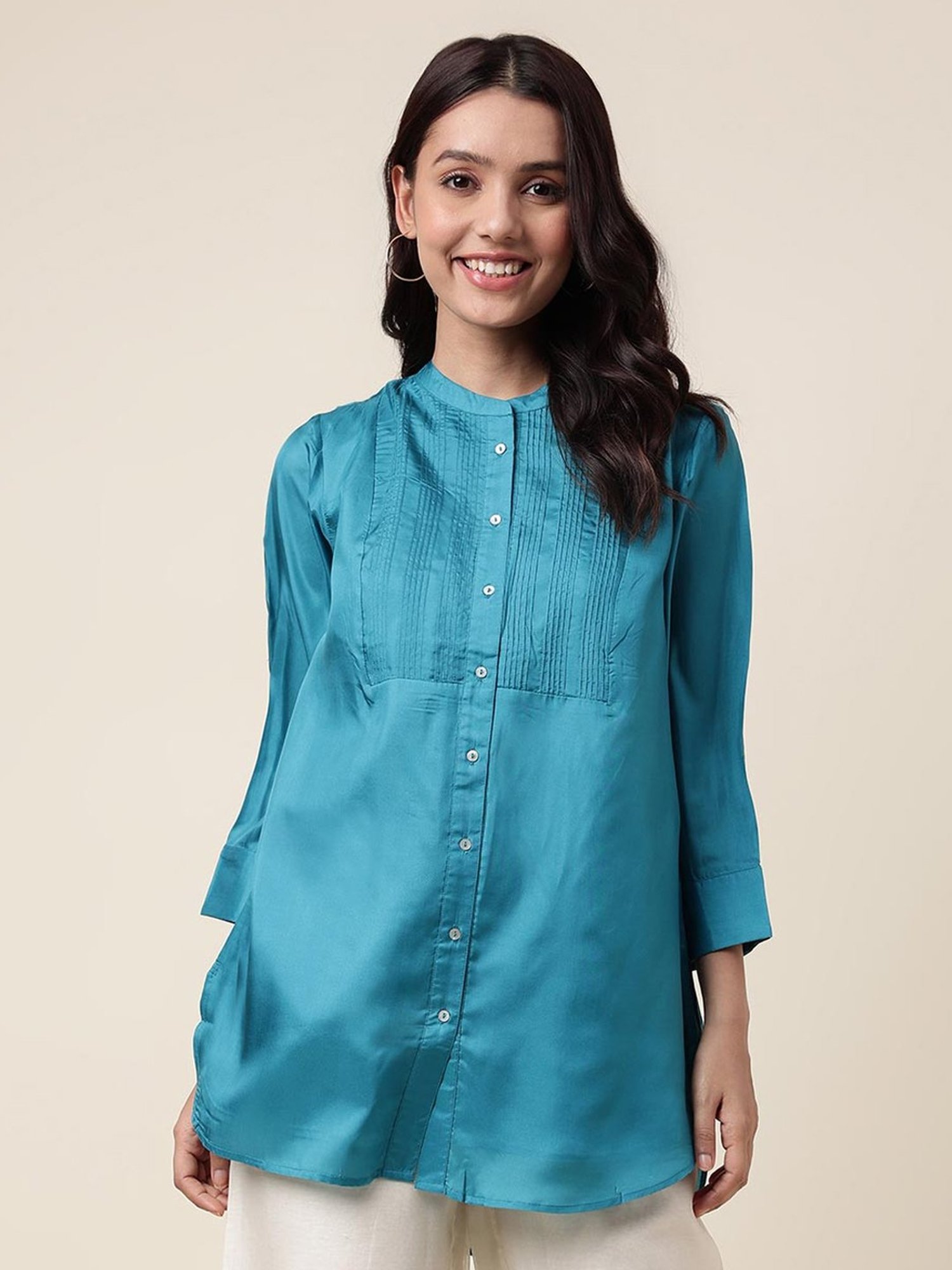 Fabindia Teal Blue Mandarin Collar Tunic