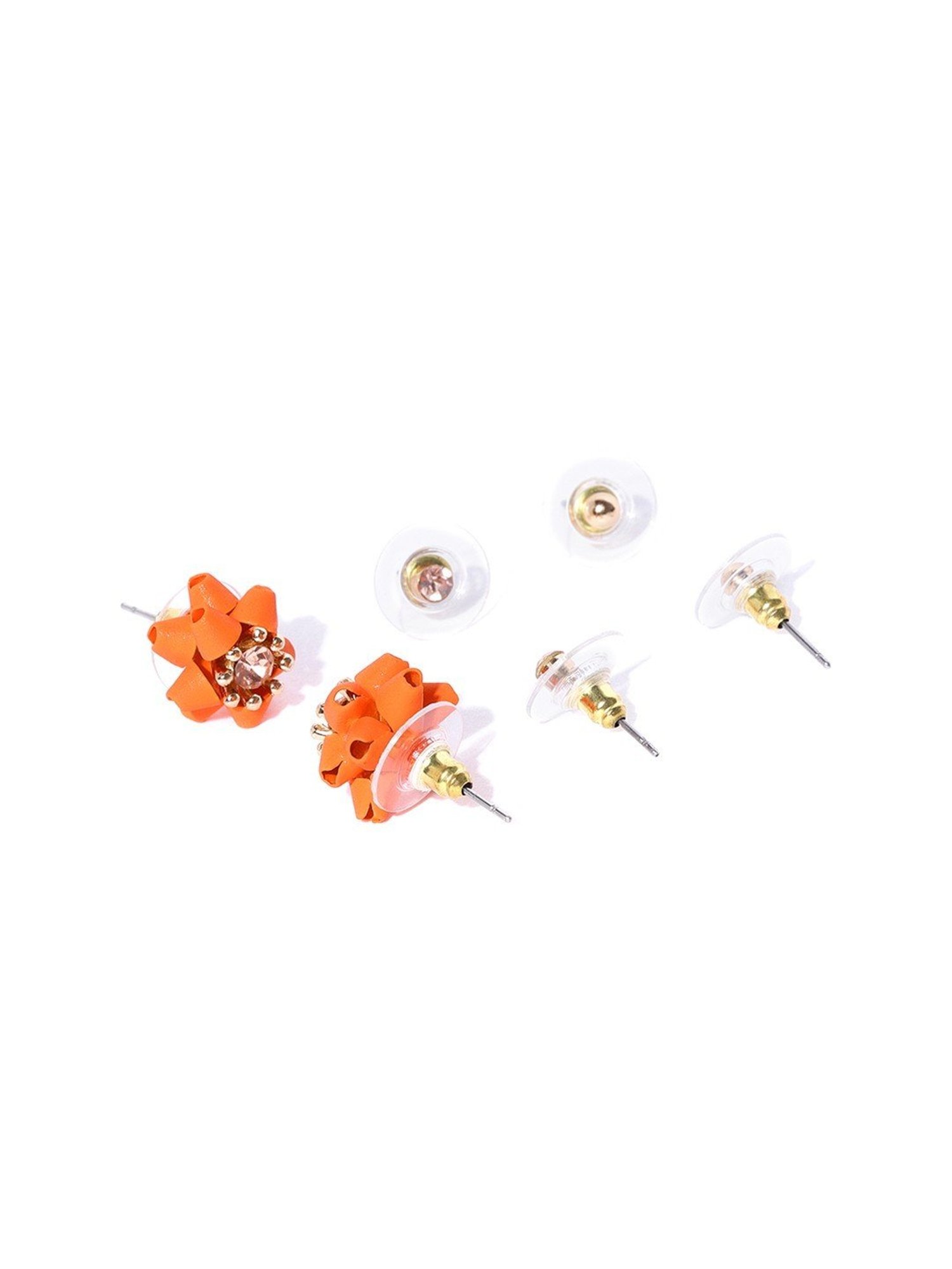 Priyaasi Orange Floral Pearl and Stone Stud Earrings - Set of 3