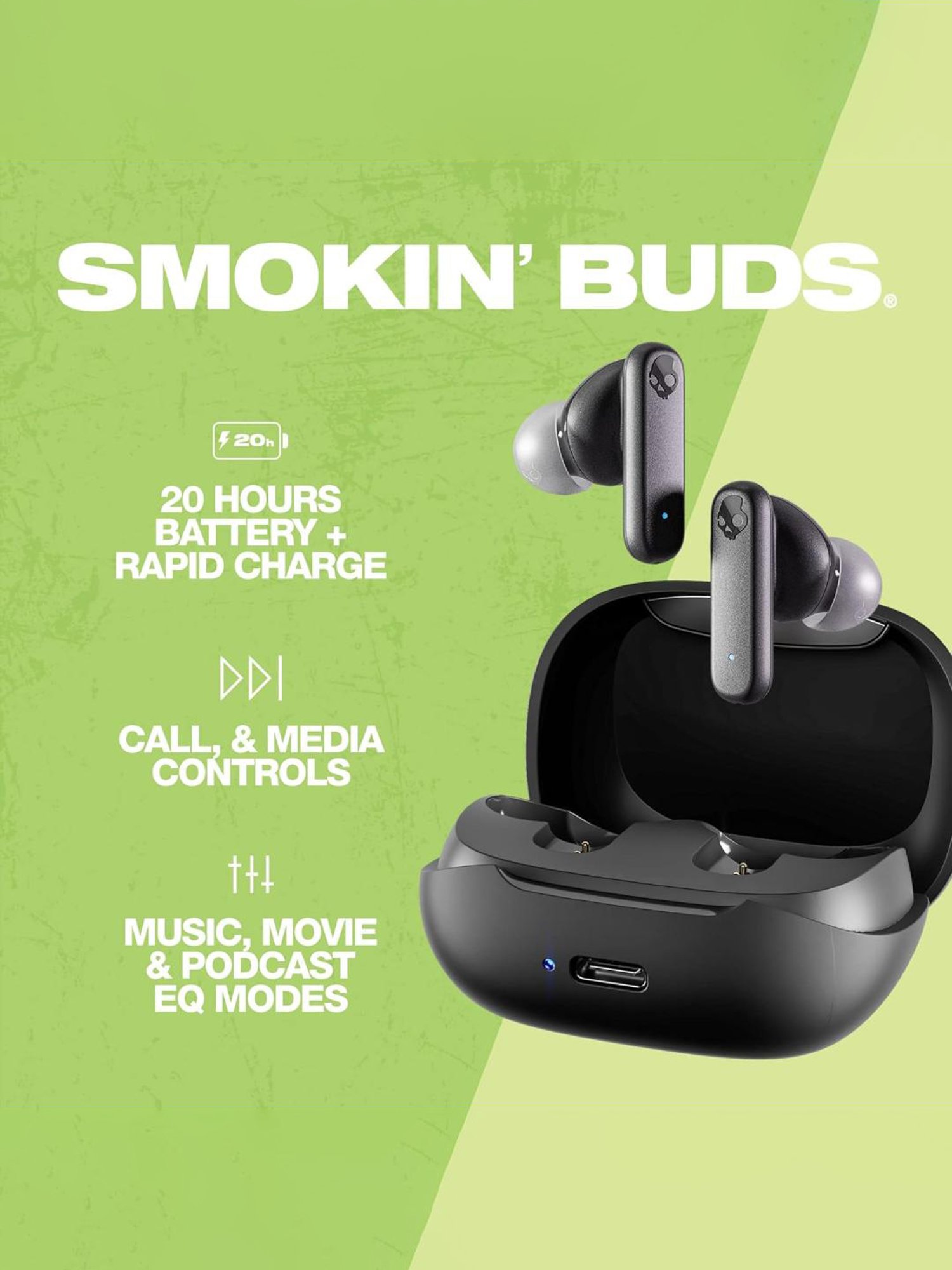 Skullcandy Smokin In-Ear Bluetooth Earbuds with 20Hr Battery (Black, True Wireless)