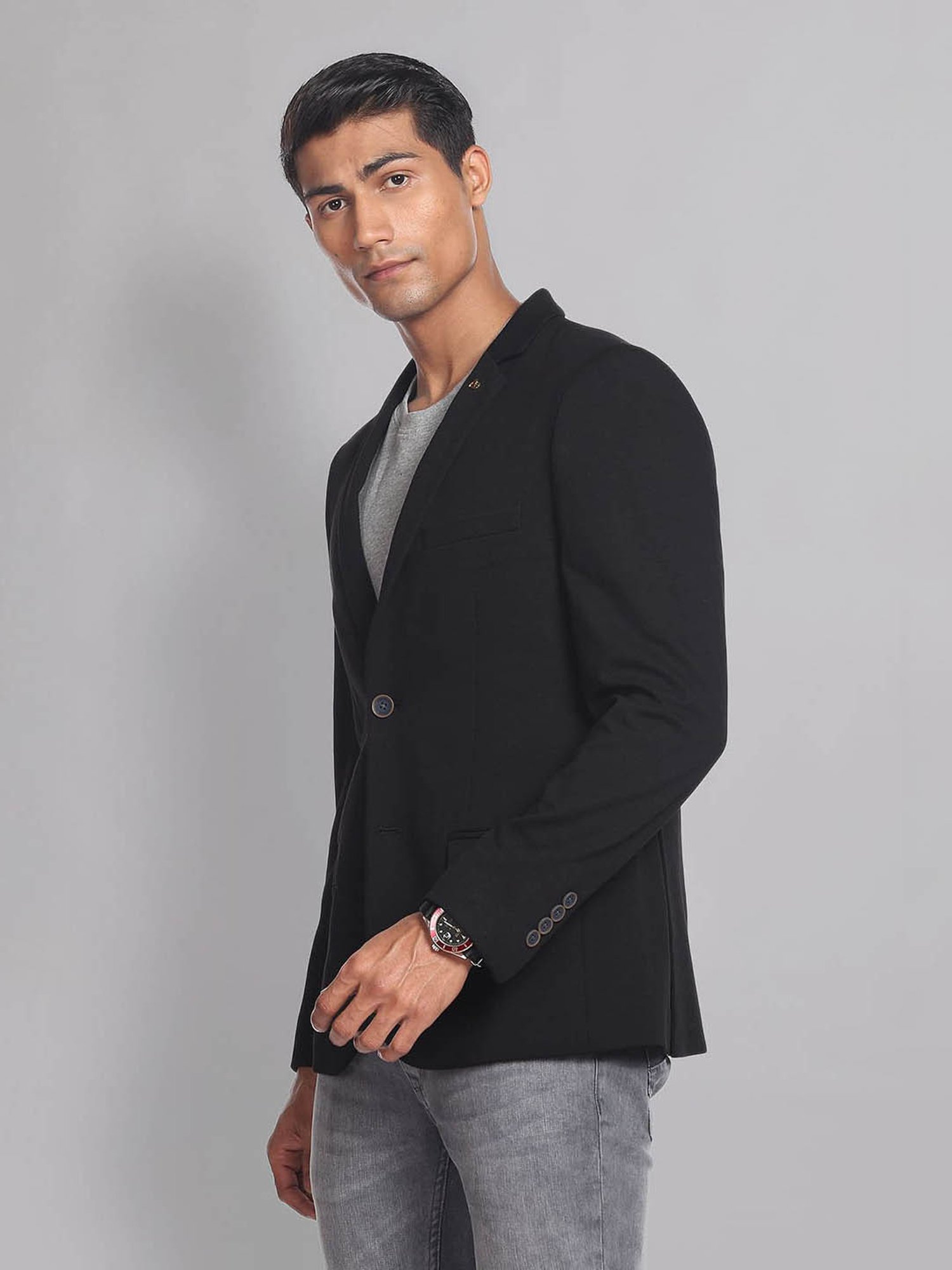 AD by Arvind Black Slim Fit Notch Lapel Blazer