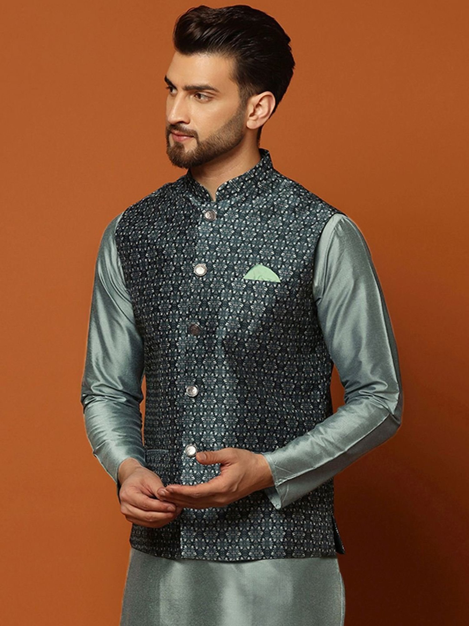 KISAH Teal Blue Regular Fit Self Pattern Nehru Jacket