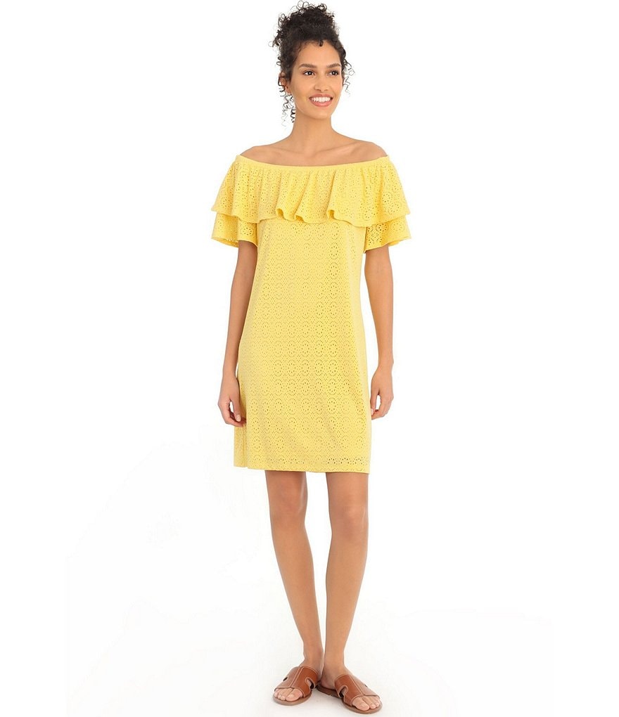 London Times Petite Size Off-the-Shoulder Eyelet Shift Dress