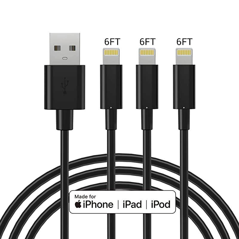 MFi Certified Lightning Cable 3Pack 6FT Long USB Charging Cable Compatible with iPhone 11 Pro Xs Max XS XR X 8 7 6S 6 Plus SE 5S 5C 5 iPad iPod and More Black