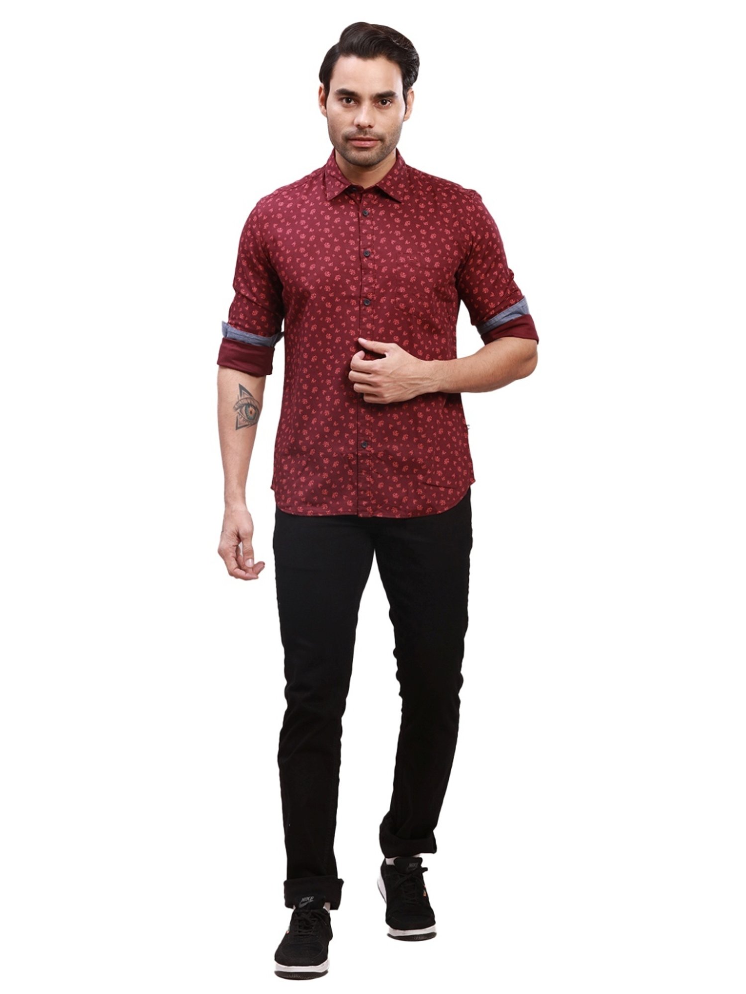 Parx Red Cotton Slim Fit Printed Shirt