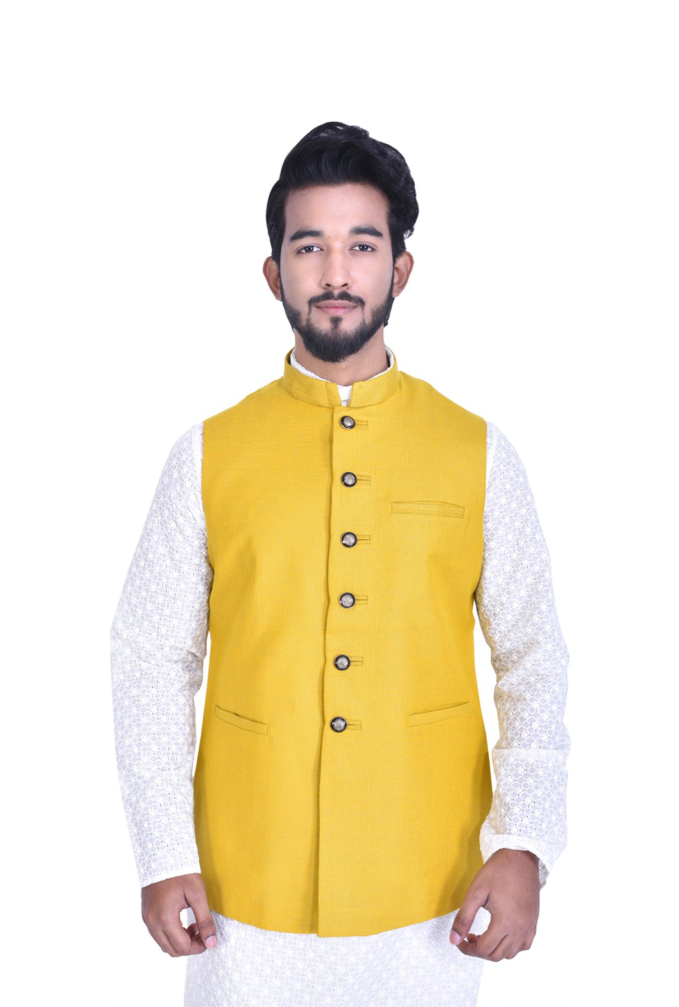 Manyavar Yellow Self Design Ethnic Waistcoat