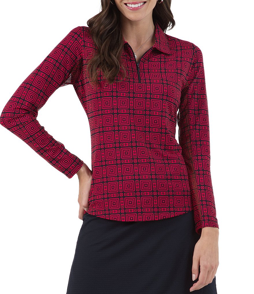 IBKUL Pricilla Print Long Sleeve Point Collar Neck Active Polo Top