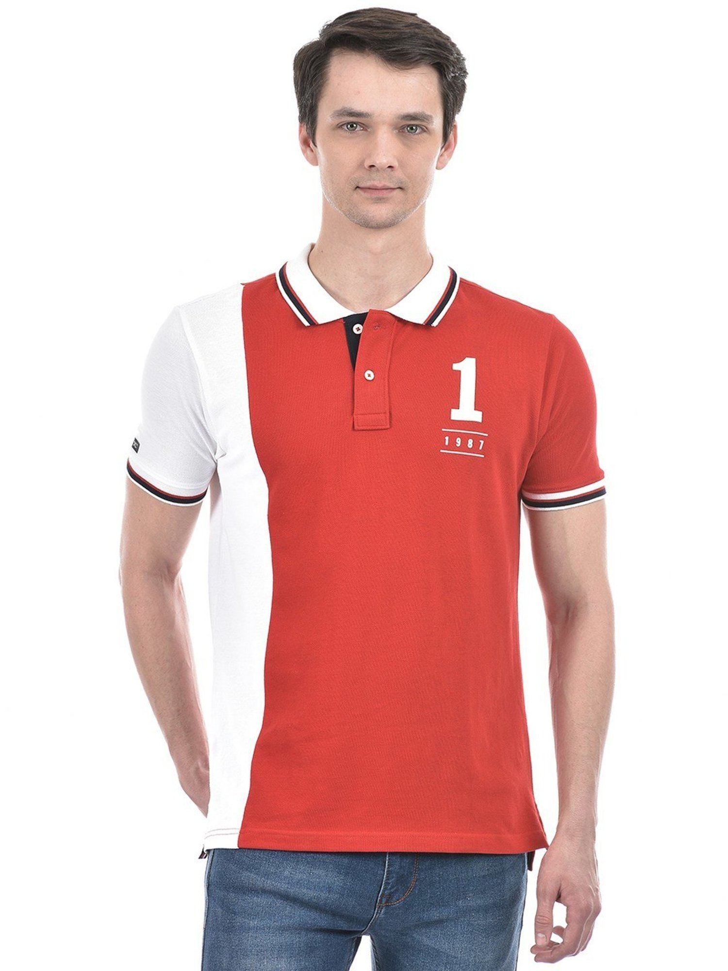 Numero Uno Red Cotton Regular Fit Colour Block Polo T-Shirt