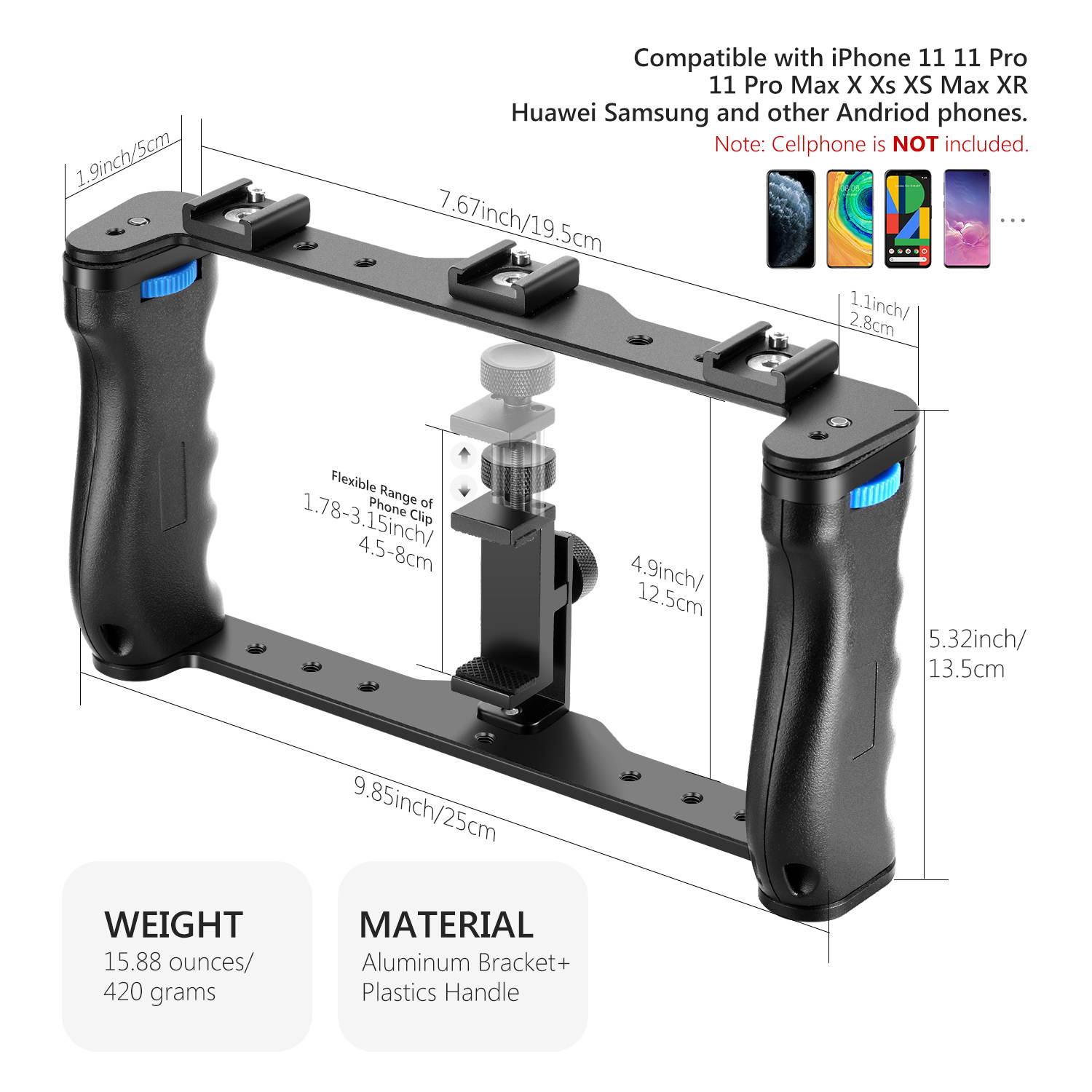 Neewer Aluminum Smartphone Video Rig, Filmmaking Case, Phone Video Stabilizer Grip Tripod Mount for Videomaker Film-Maker Video-grapher Compatible with iPhone 11 11 Pro 11 Pro Max X Xs Huawei Samsung