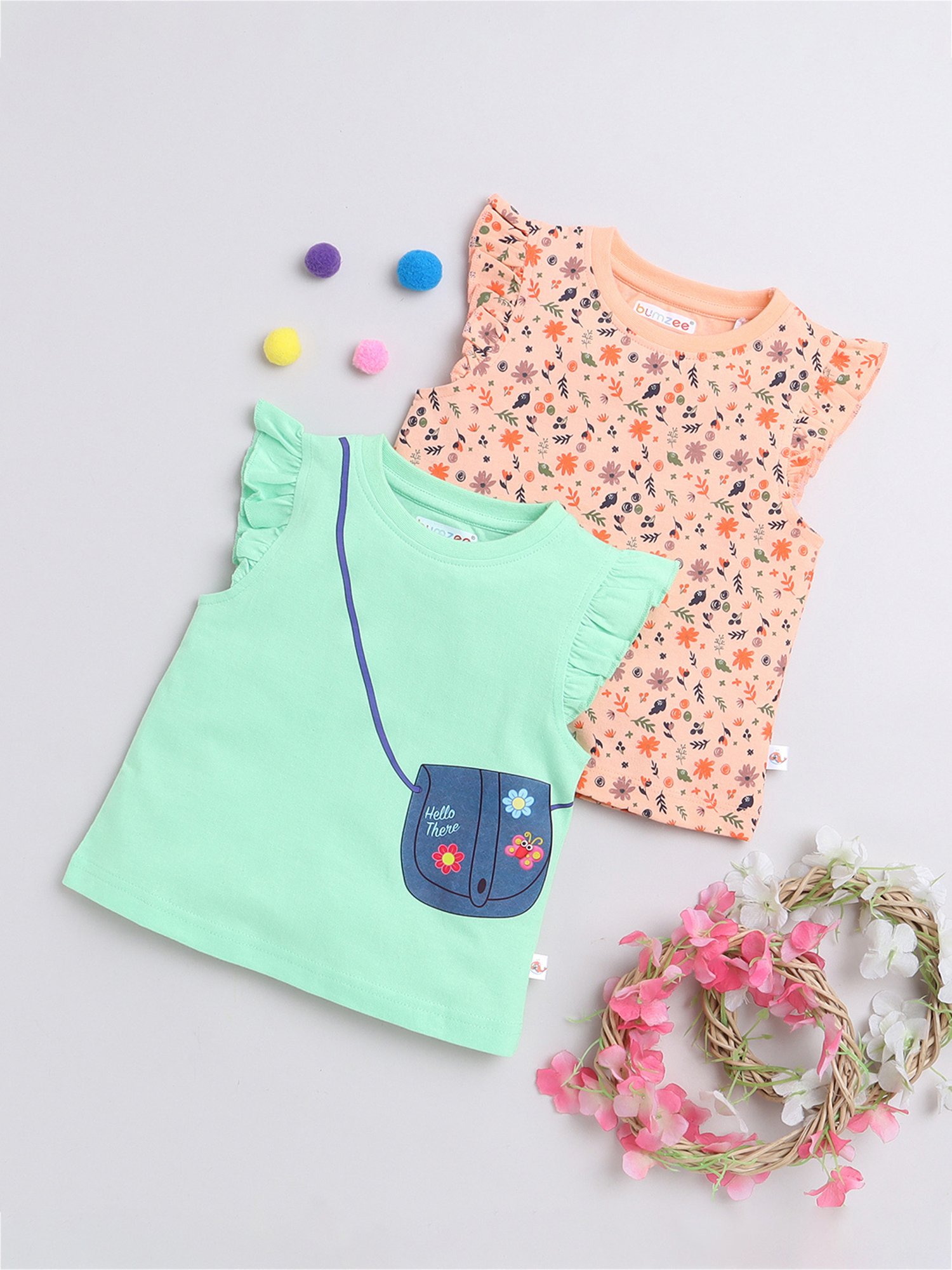 Bumzee Kids Green & Peach Floral Print T-Shirt (Pack Of 2)