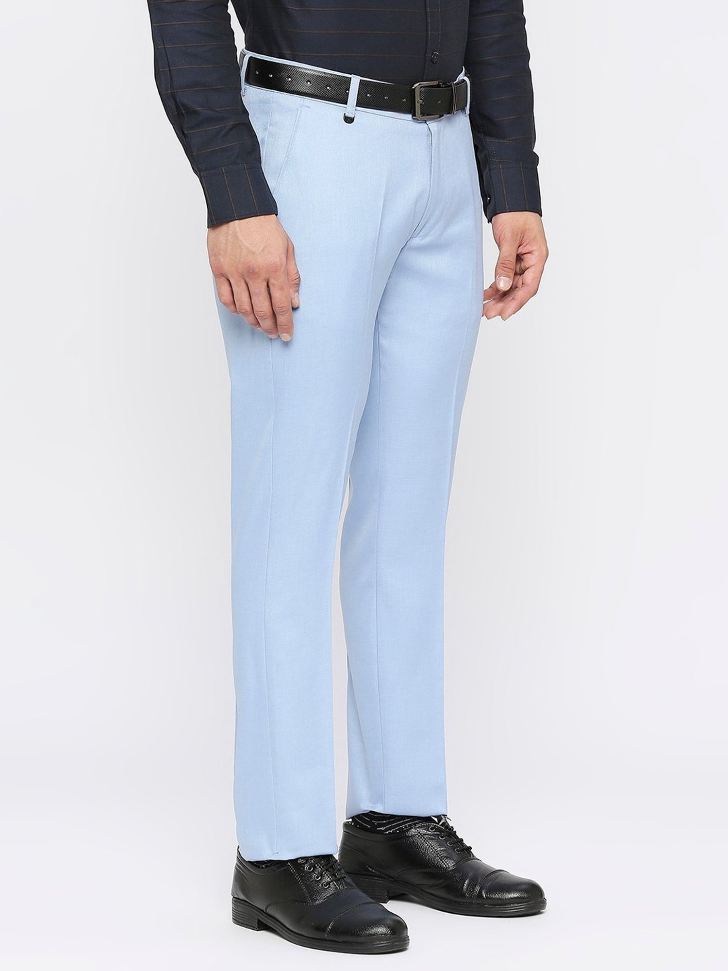 SOLEMIO Sky Blue Slim Fit Flat Front Trousers
