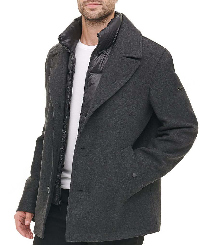 DKNY Long-Sleeve Nylon Quilted-Bib Wool-Blend Peacoat