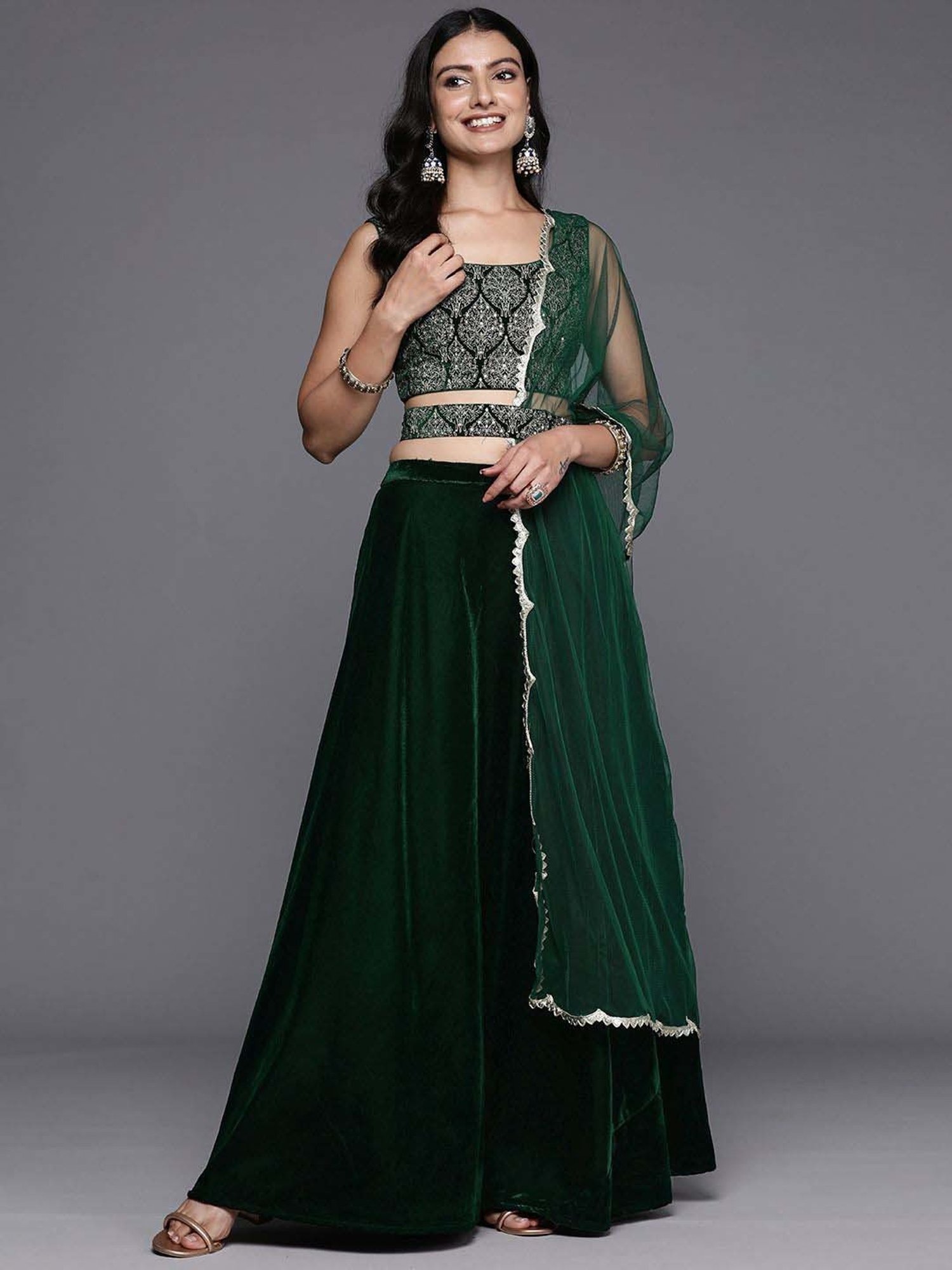 Libas Green Plain Lehenga Choli Set With Dupatta