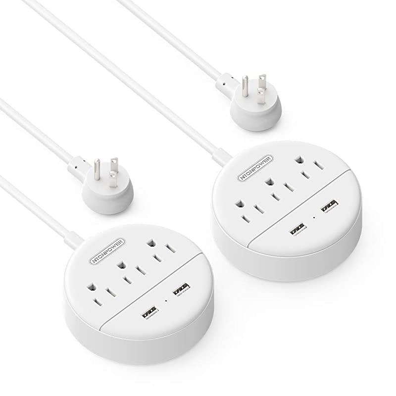2 Pack Travel Power Strip,  Flat Plug Power Strip with USB, 3 Outlet 2 USB Desktop Charging Station with 5ft Power Cord Wall Mount for Cruise , Travel, Hotel, Nightstand and Office, White