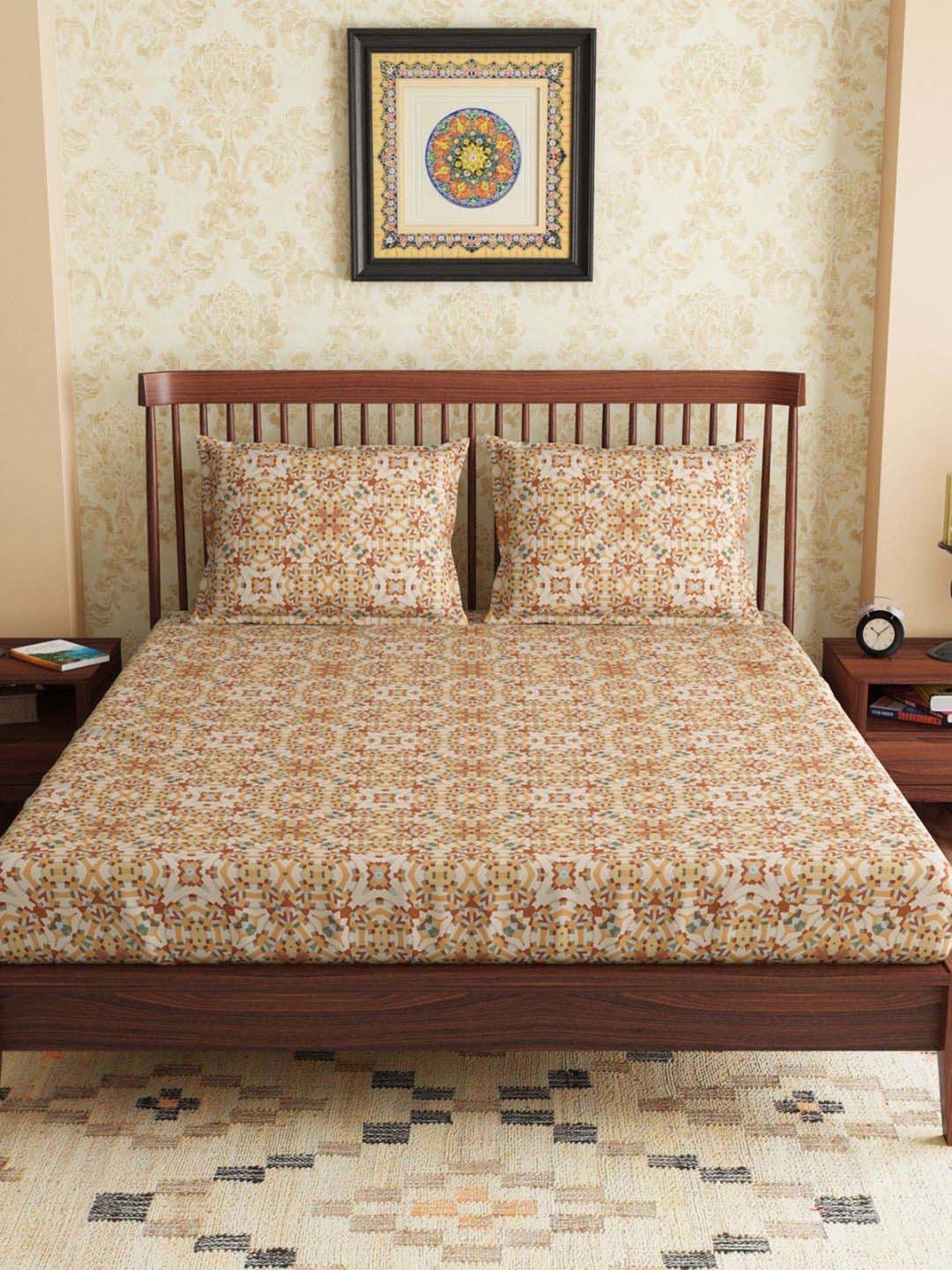 Petal Home Alhambra Beige & Orange Cotton 300 TC Queen Bedsheet with 2 Pillow Covers