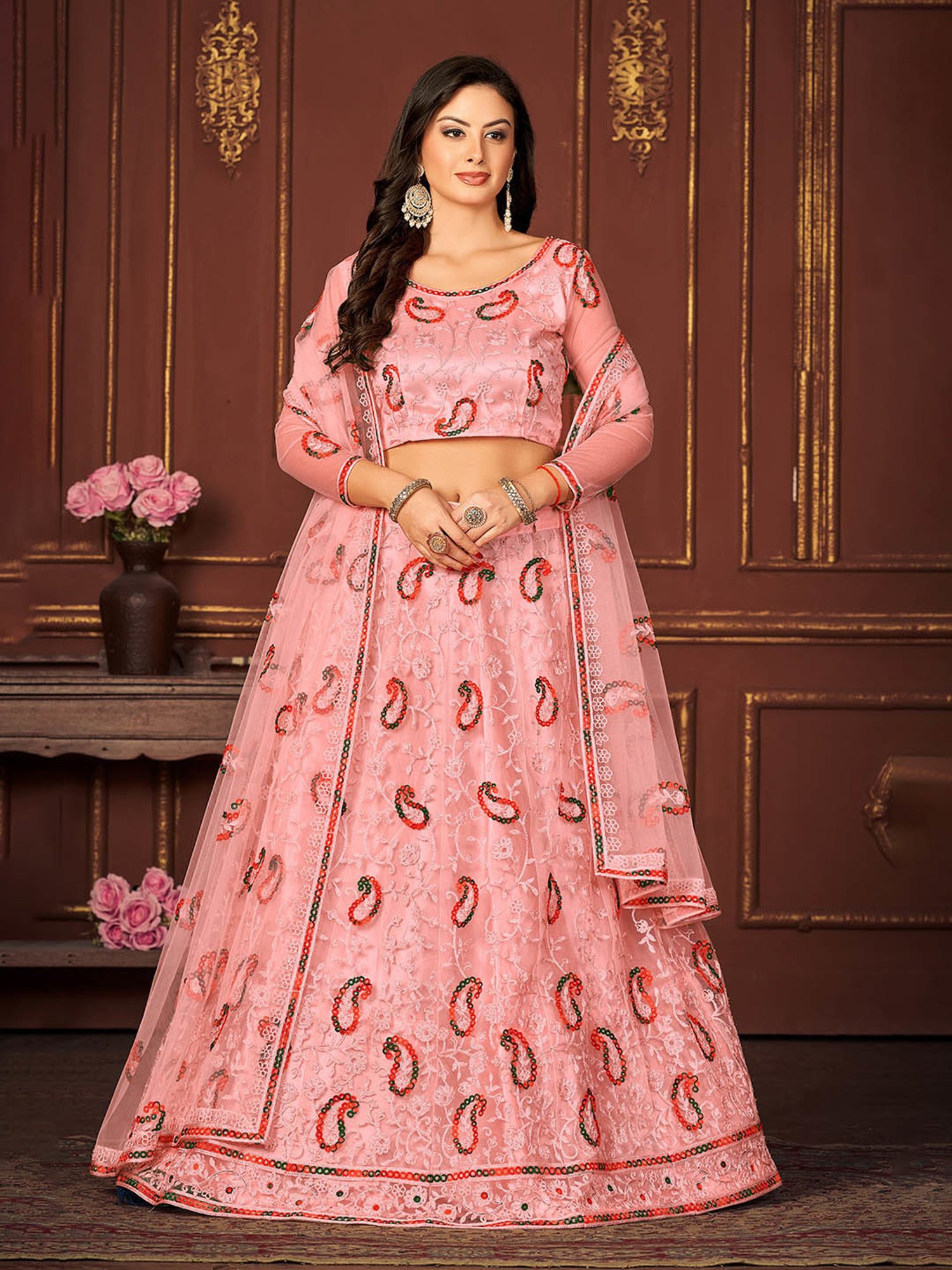 Warthy Ent Peach Embroidered Lehenga Choli Set With Dupatta